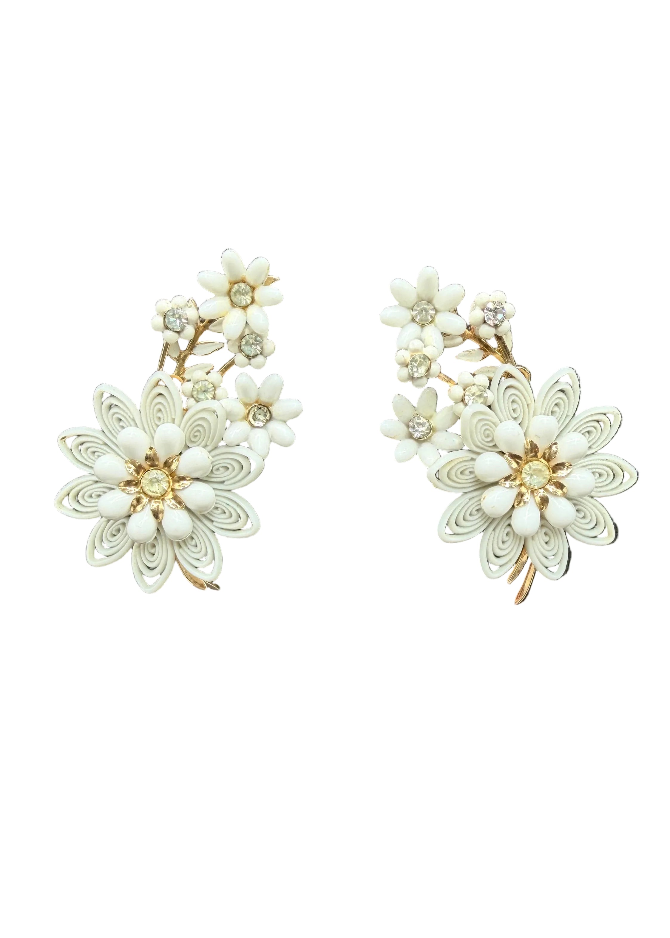 1950s Coro White Plastic Floral Bouquet Ear Climber Clip Earrings with Rhinestones