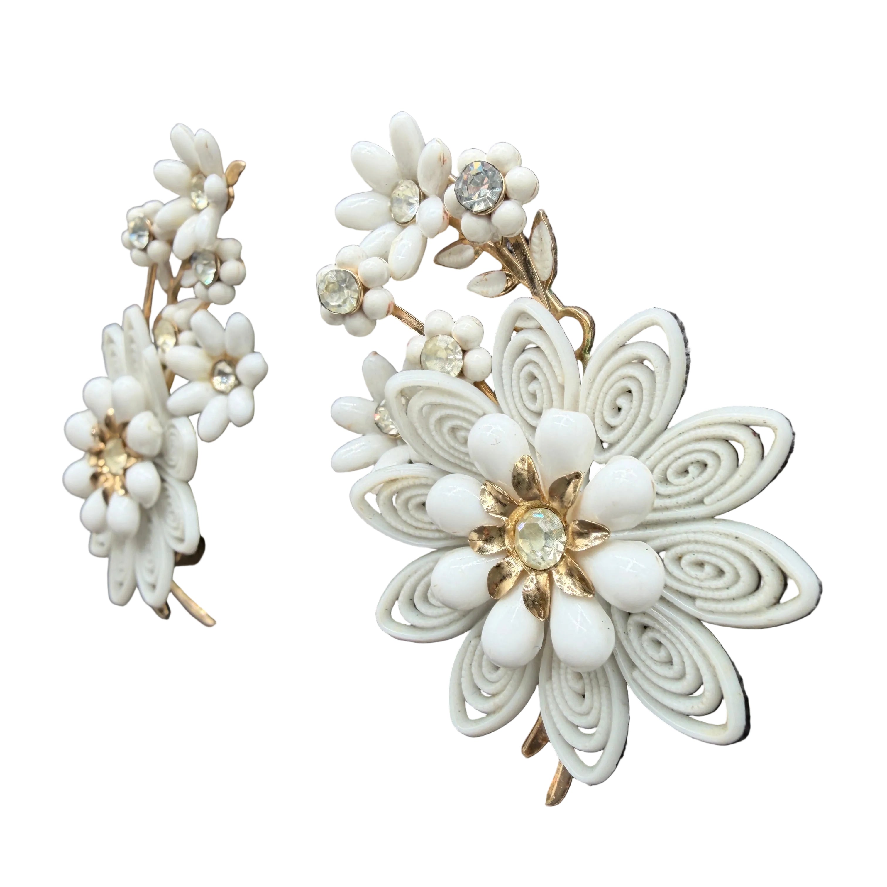 1950s Coro White Plastic Floral Bouquet Ear Climber Clip Earrings with Rhinestones