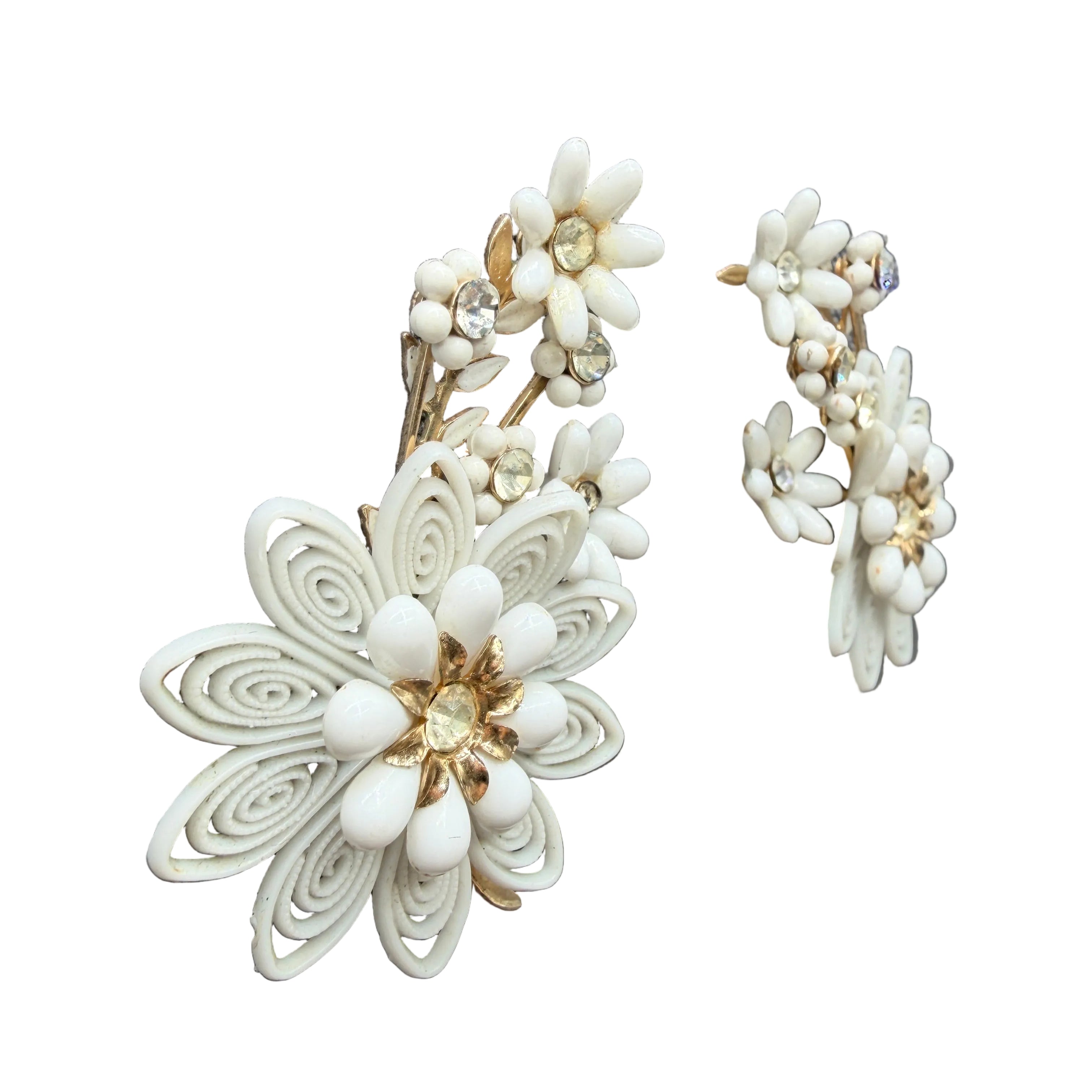 1950s Coro White Plastic Floral Bouquet Ear Climber Clip Earrings with Rhinestones