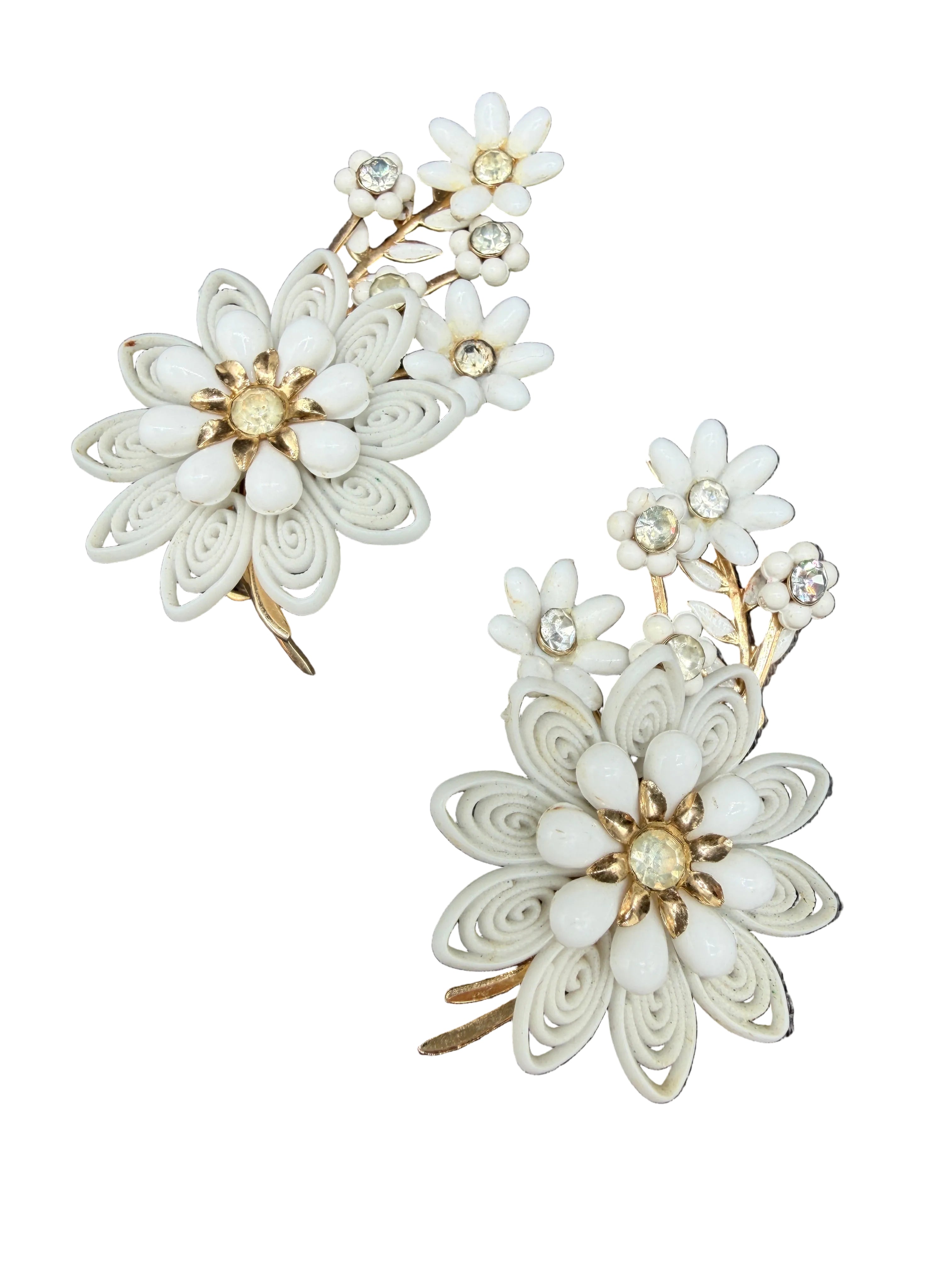 1950s Coro White Plastic Floral Bouquet Ear Climber Clip Earrings with Rhinestones