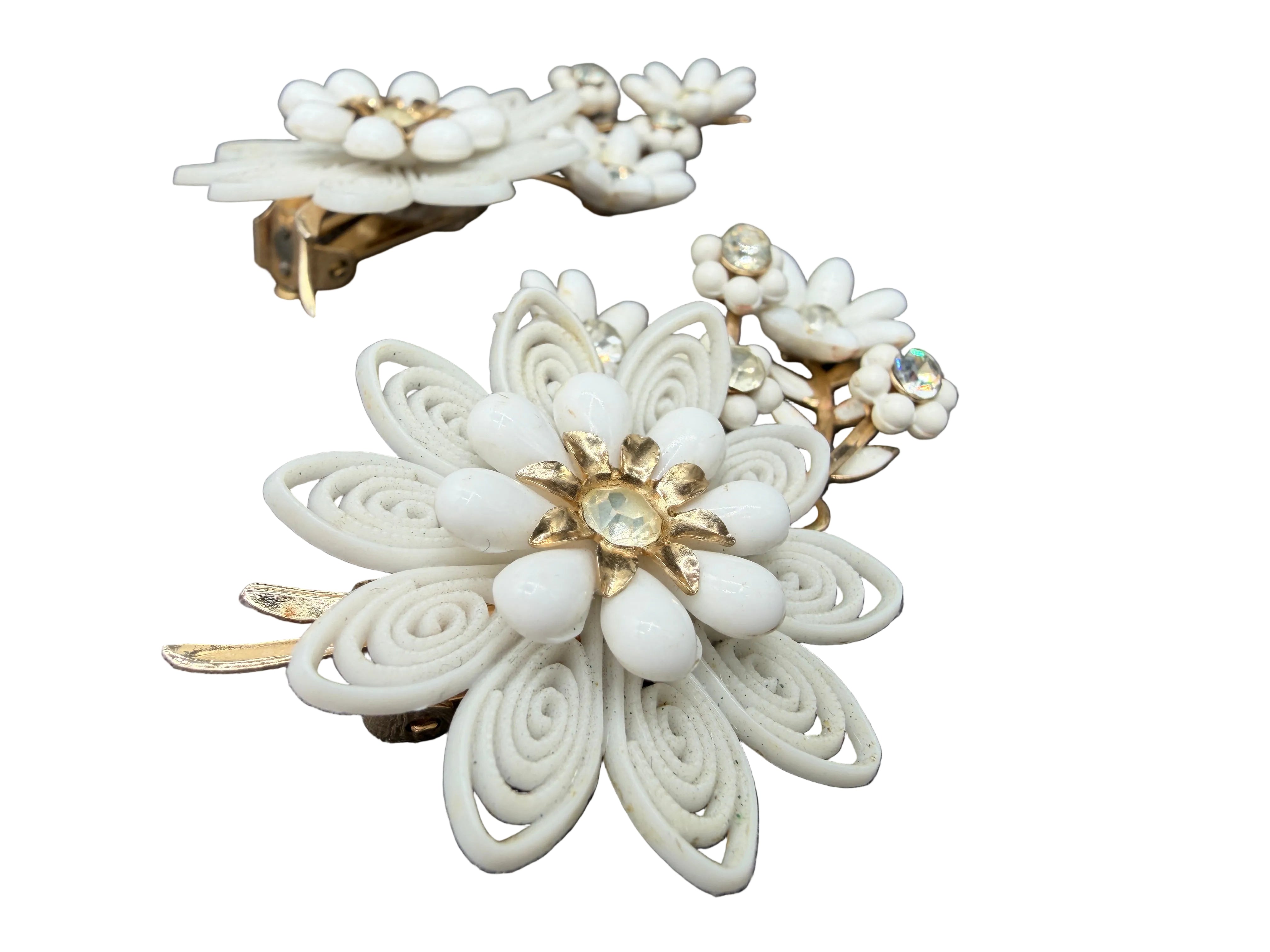 1950s Coro White Plastic Floral Bouquet Ear Climber Clip Earrings with Rhinestones