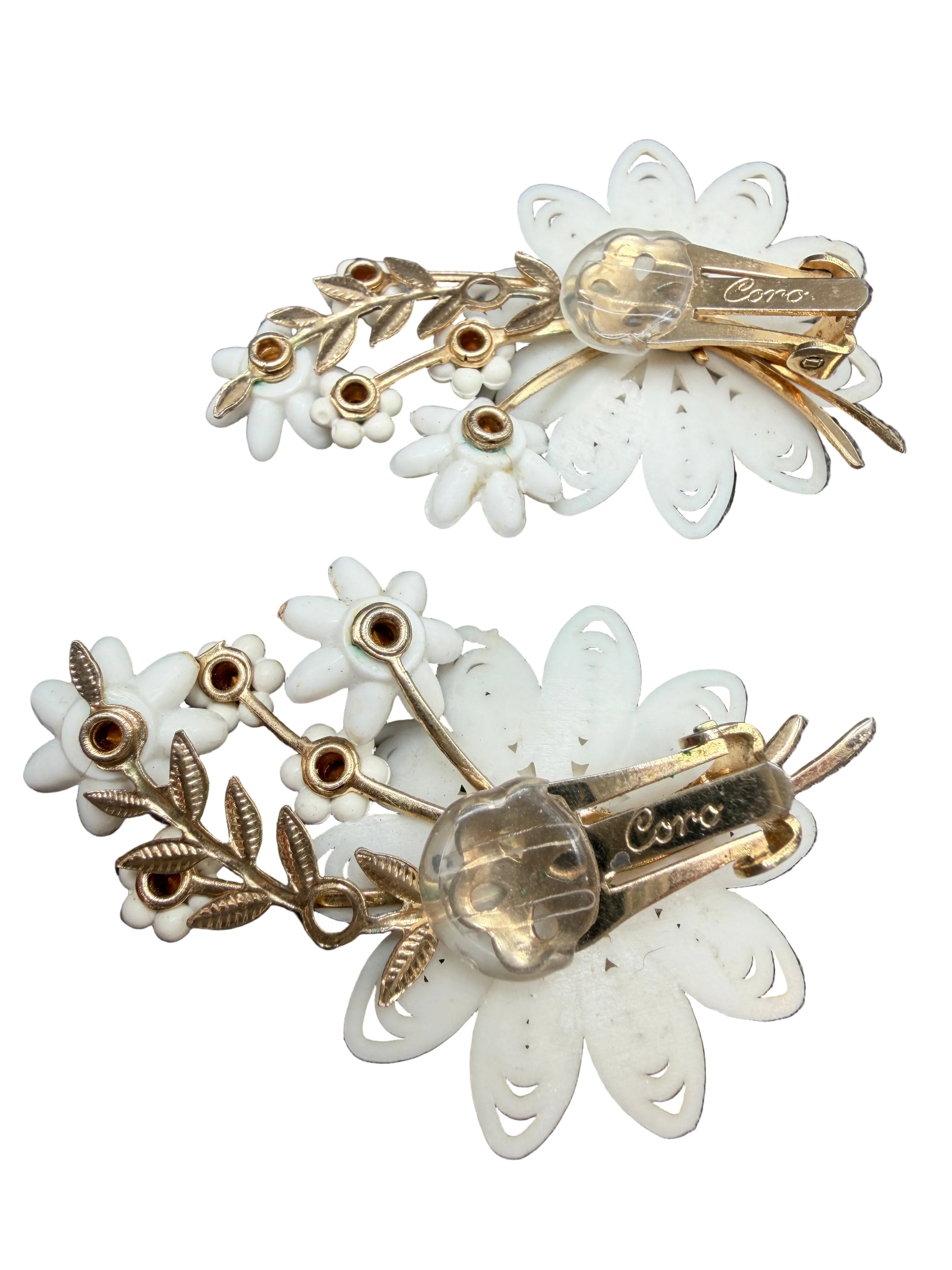 1950s Coro White Plastic Floral Bouquet Ear Climber Clip Earrings with Rhinestones