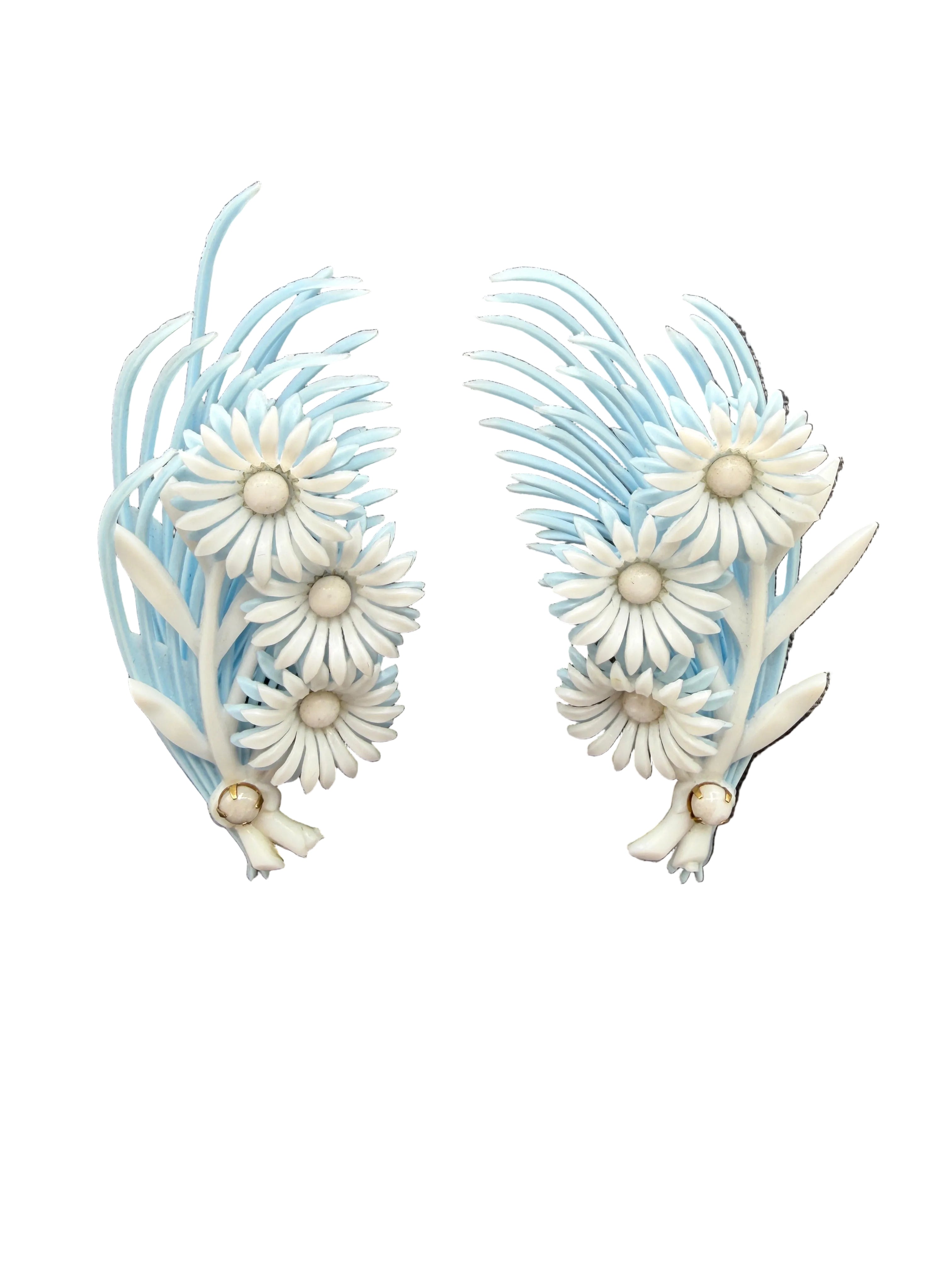 1950s Pale Blue & White Floral Bouquet Ear Climber Clip Earrings