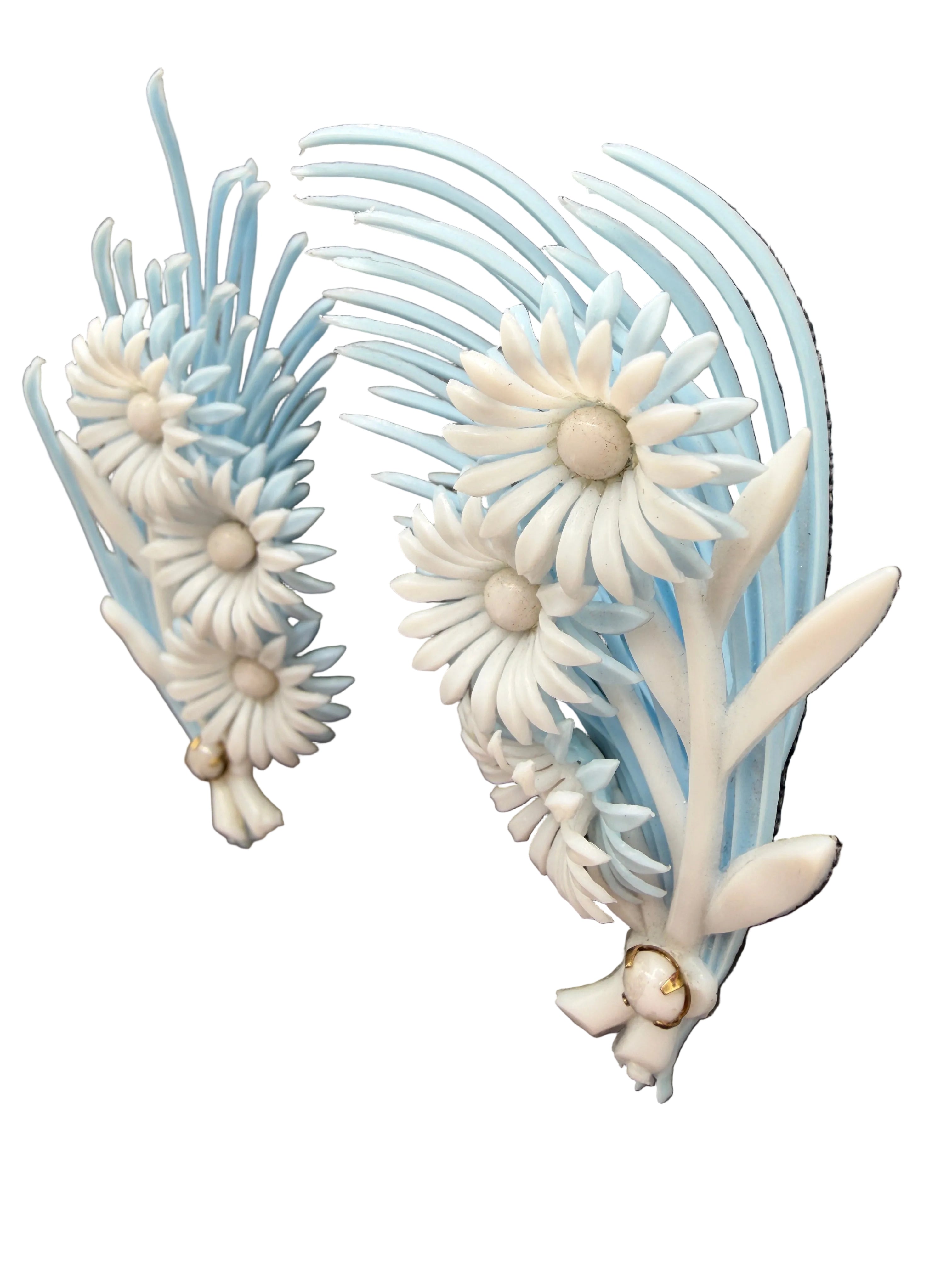 1950s Pale Blue & White Floral Bouquet Ear Climber Clip Earrings