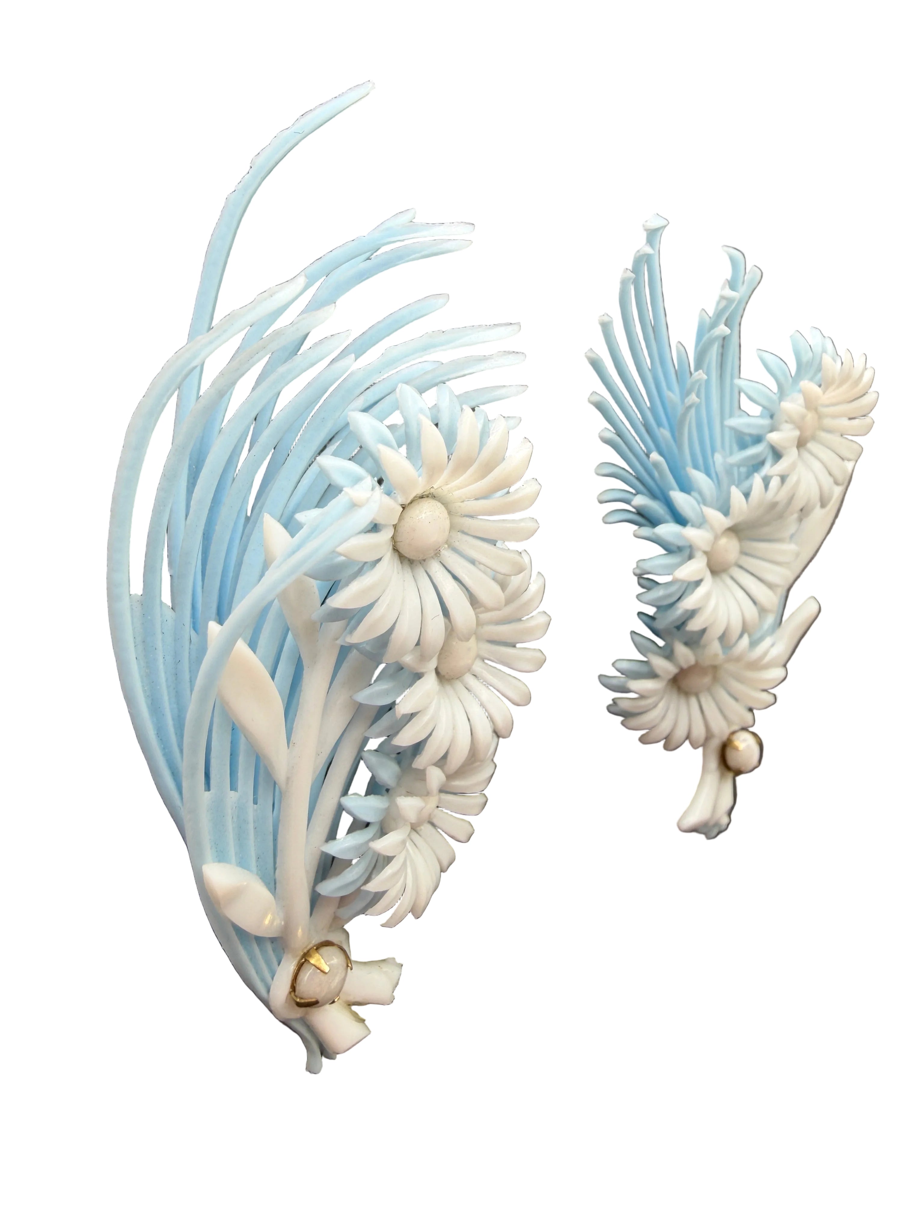 1950s Pale Blue & White Floral Bouquet Ear Climber Clip Earrings
