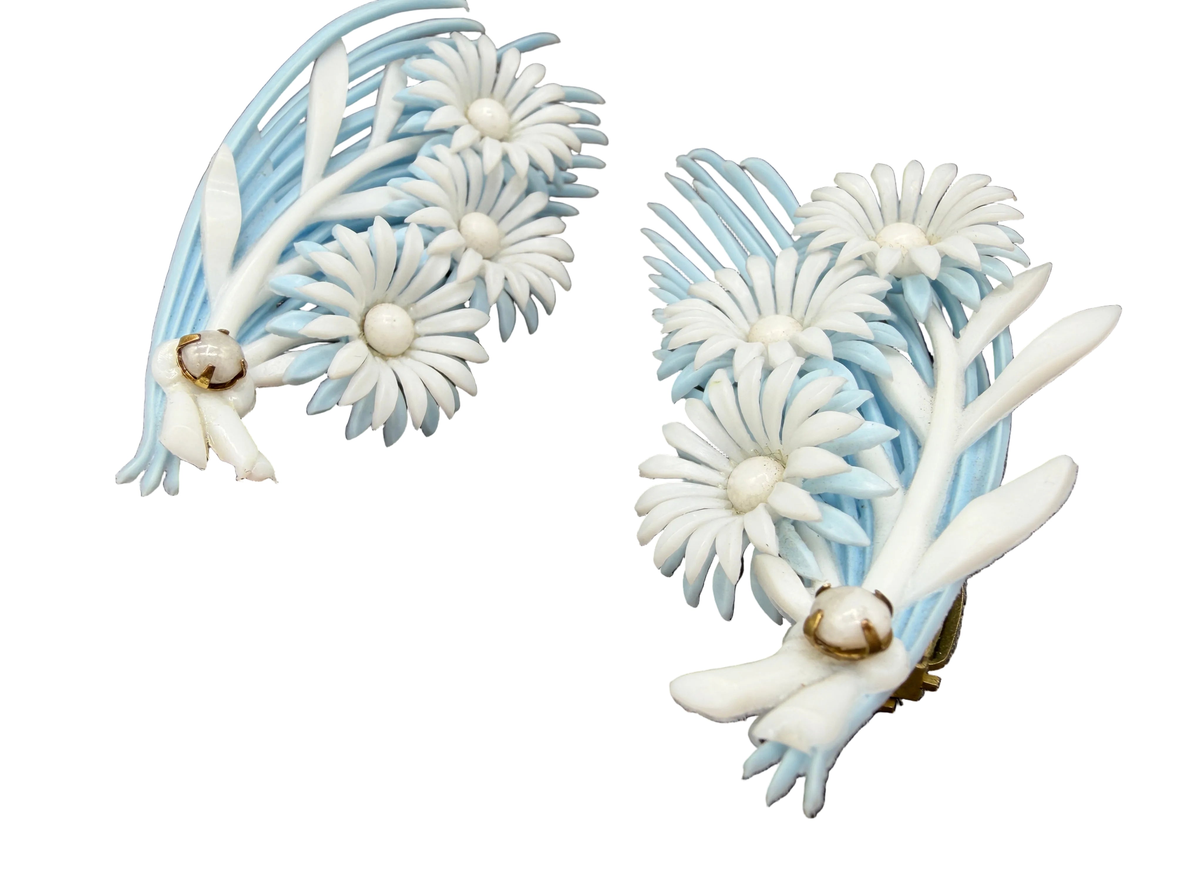1950s Pale Blue & White Floral Bouquet Ear Climber Clip Earrings