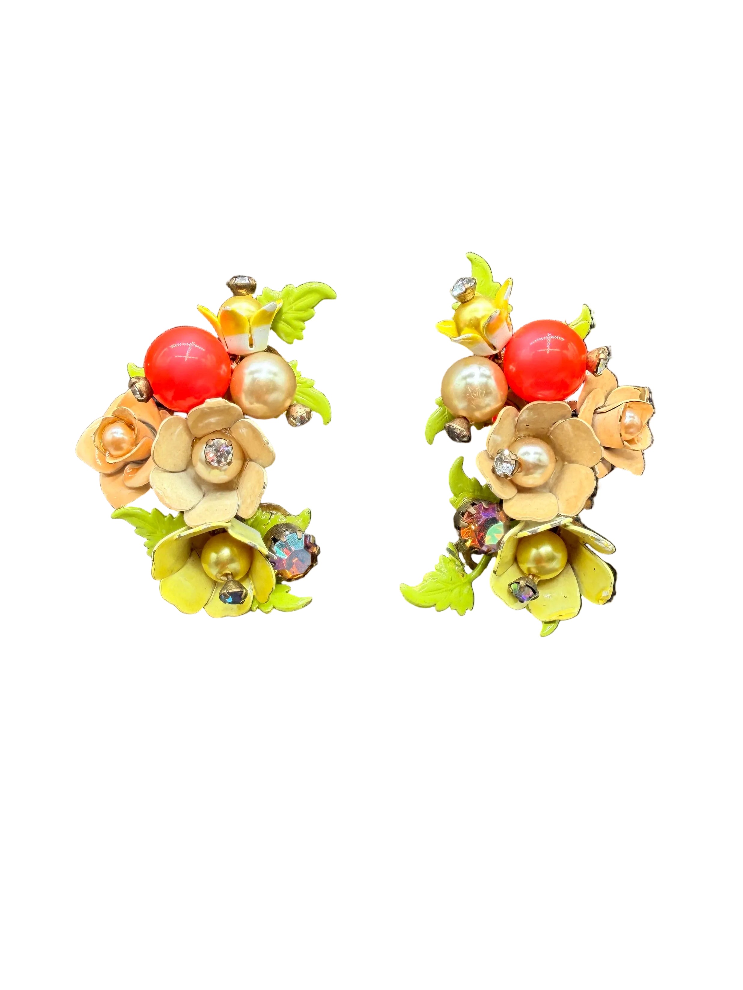 1940s Metal Mini Floral Bouquet Ear Climber Clip-On Earrings
