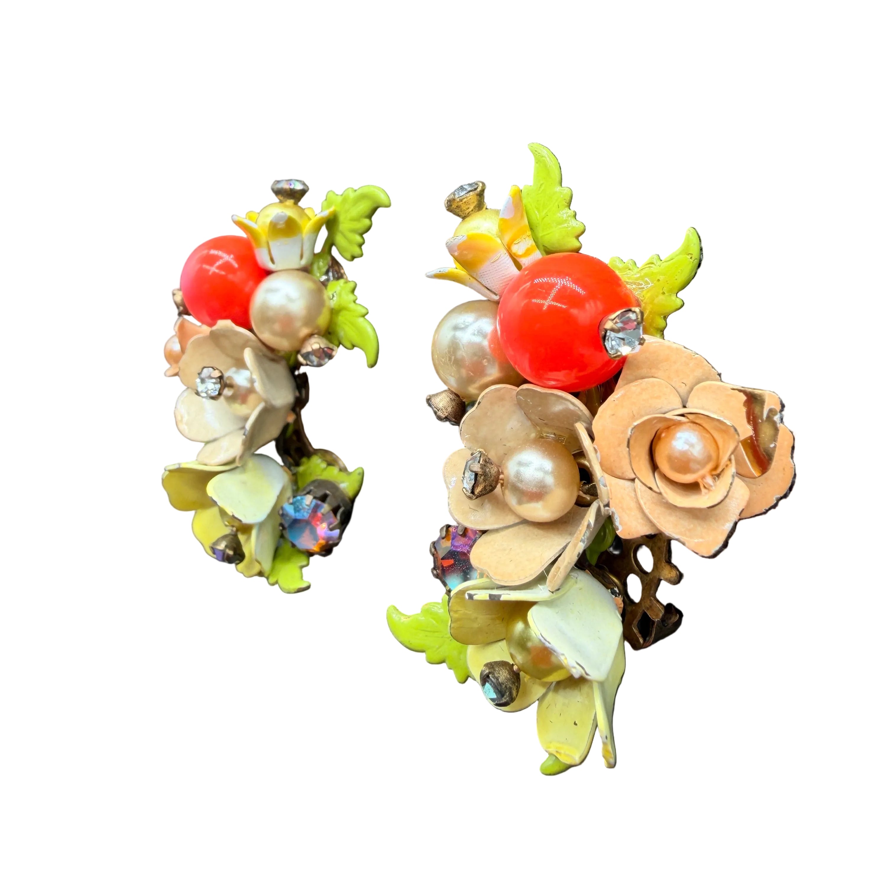1940s Metal Mini Floral Bouquet Ear Climber Clip-On Earrings