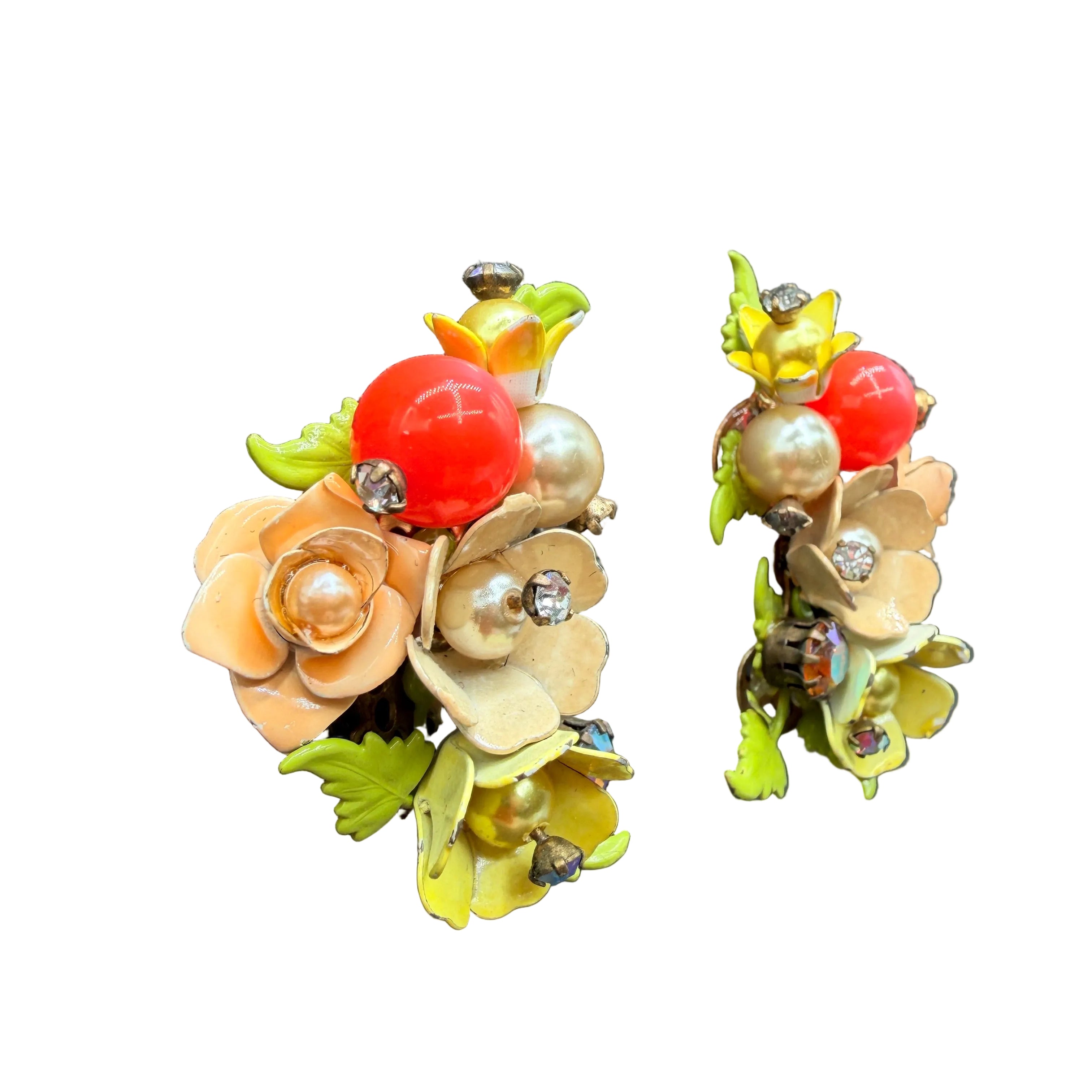 1940s Metal Mini Floral Bouquet Ear Climber Clip-On Earrings