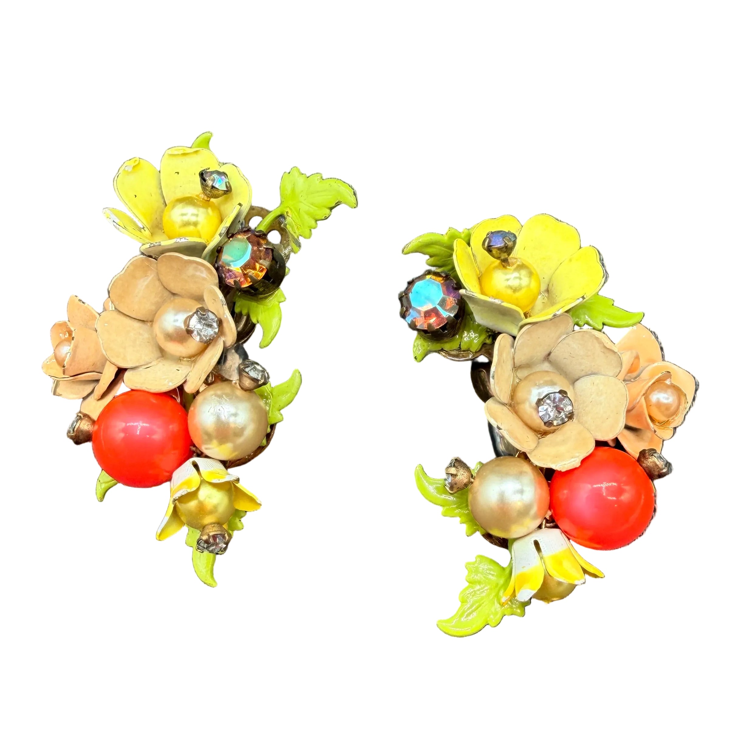 1940s Metal Mini Floral Bouquet Ear Climber Clip-On Earrings