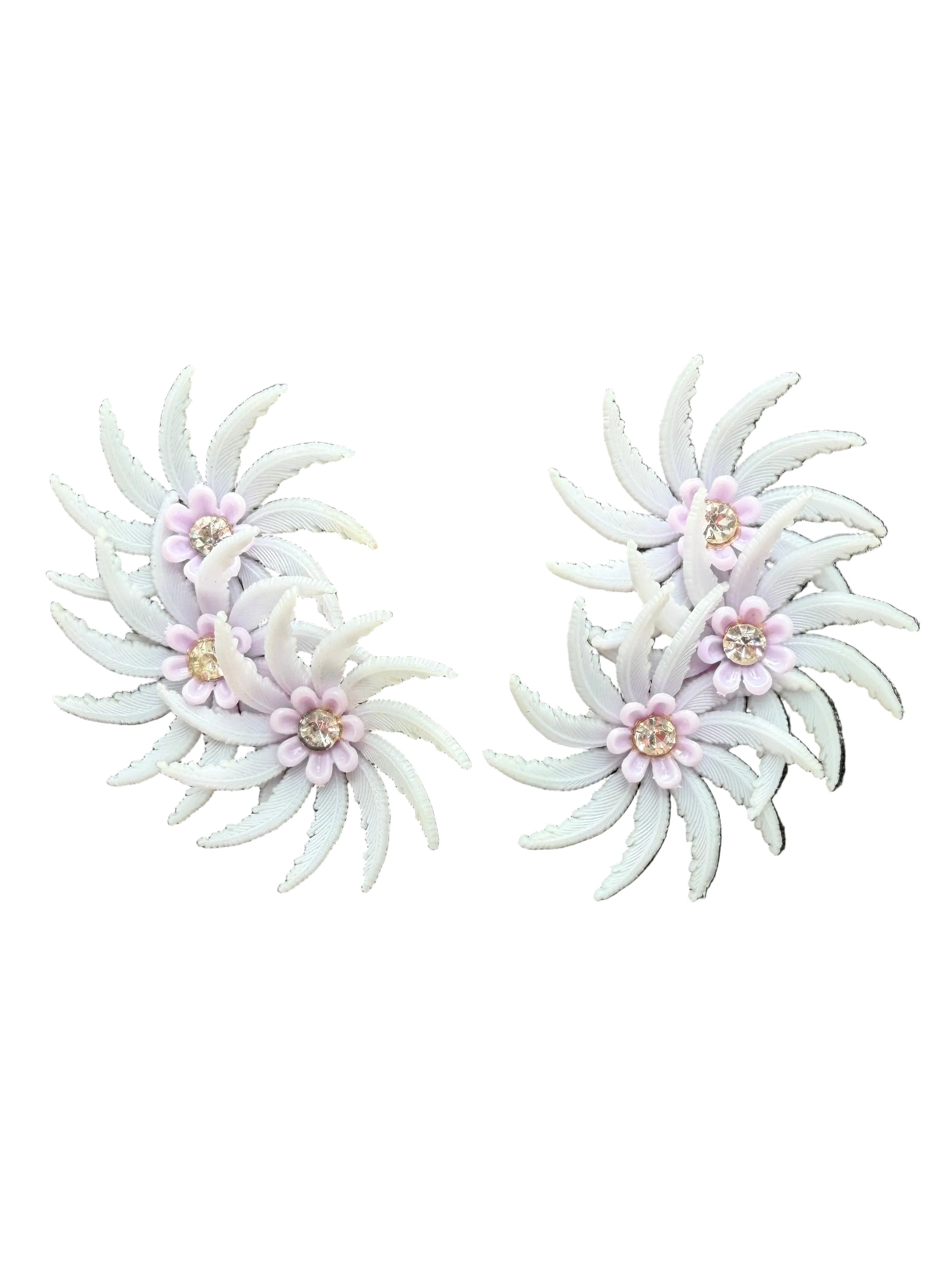 1950s Lavender Plastic Triple Floral Ear Climber Clip Earrings with Rhinestones