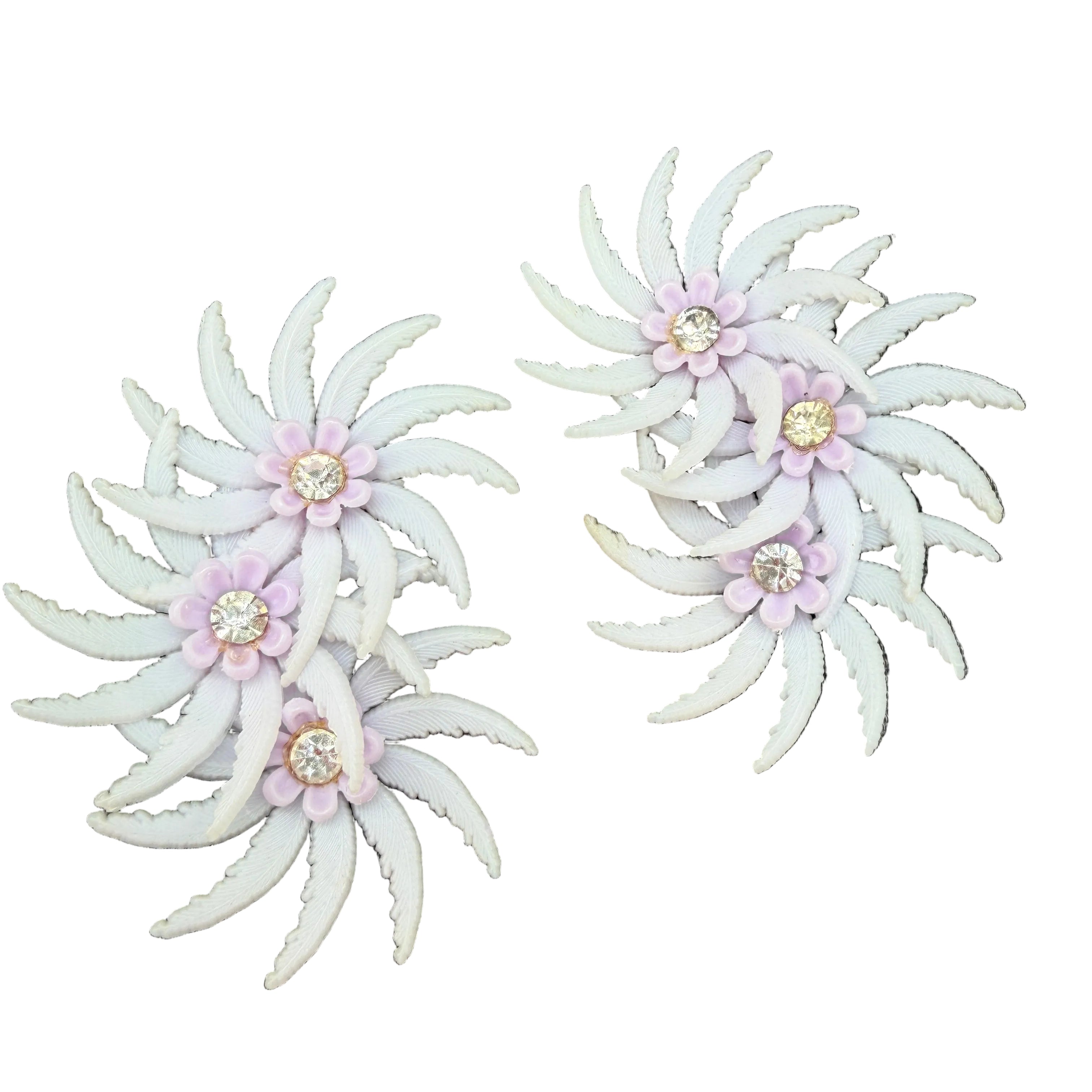 1950s Lavender Plastic Triple Floral Ear Climber Clip Earrings with Rhinestones