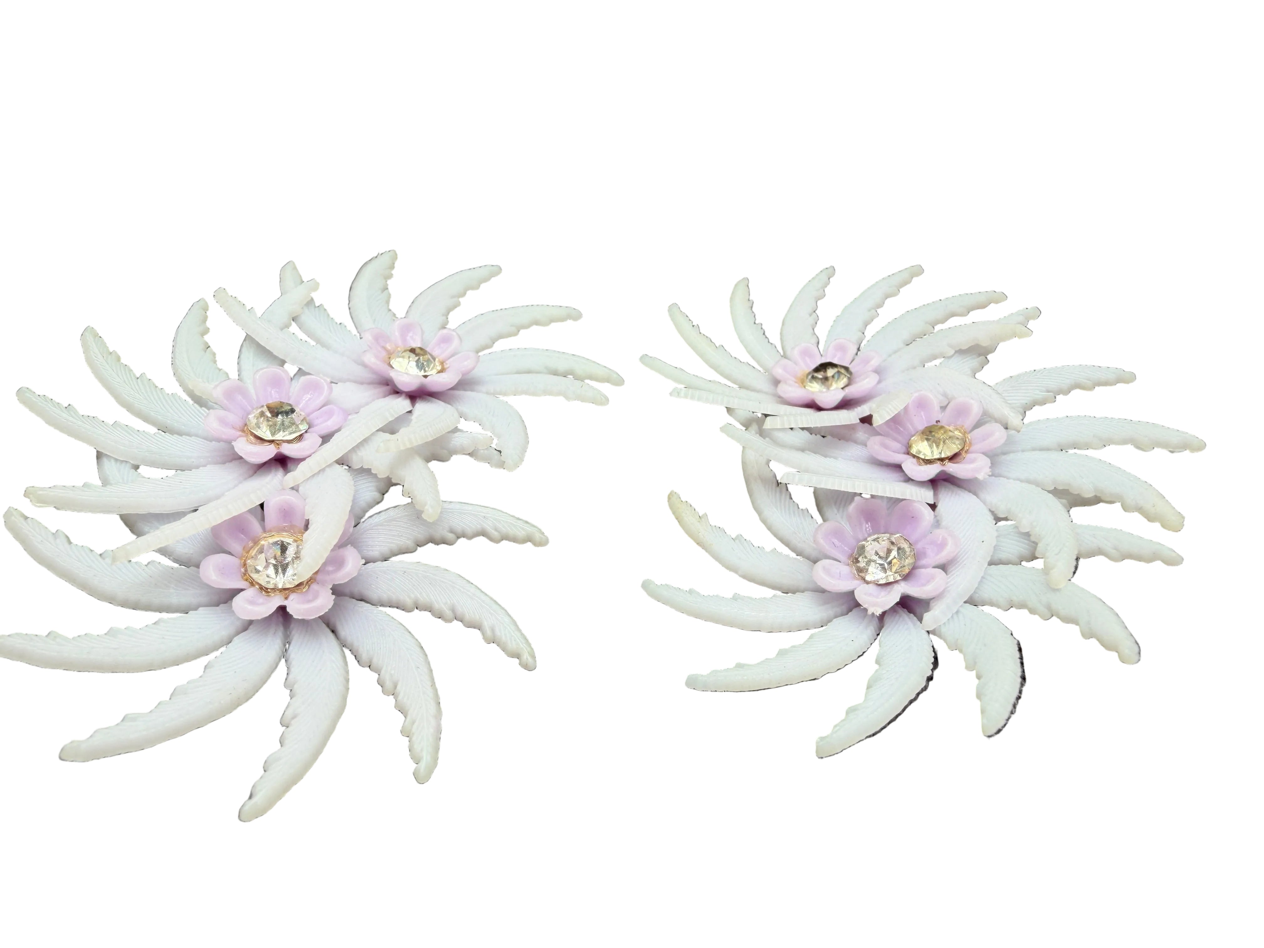 1950s Lavender Plastic Triple Floral Ear Climber Clip Earrings with Rhinestones