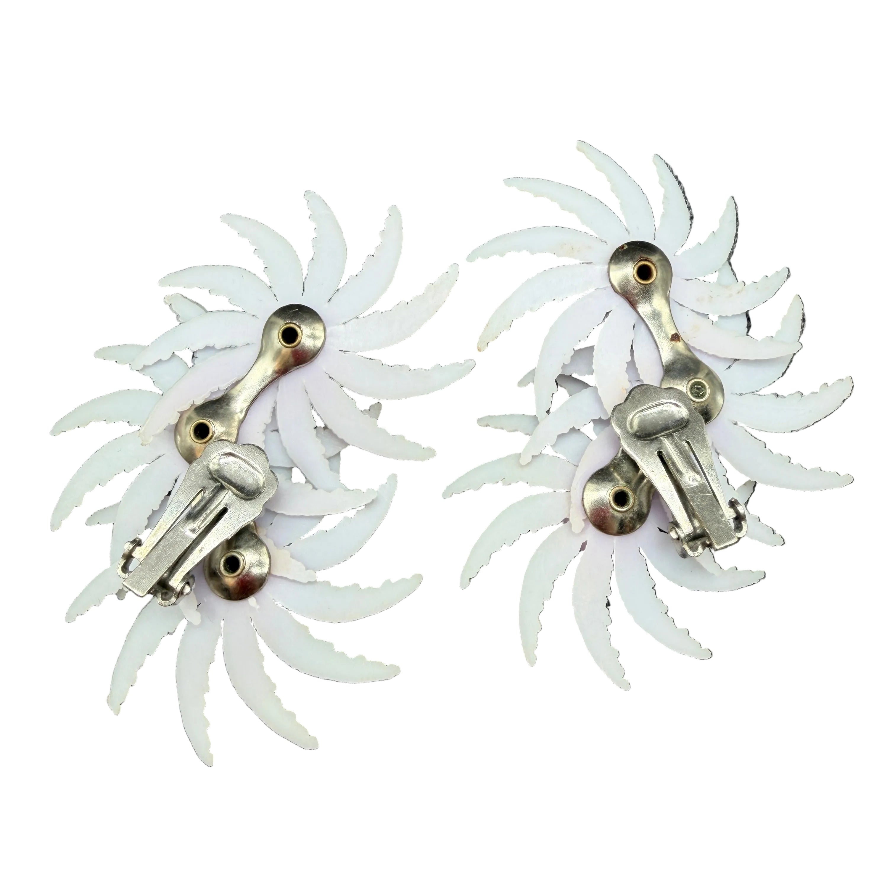 1950s Lavender Plastic Triple Floral Ear Climber Clip Earrings with Rhinestones