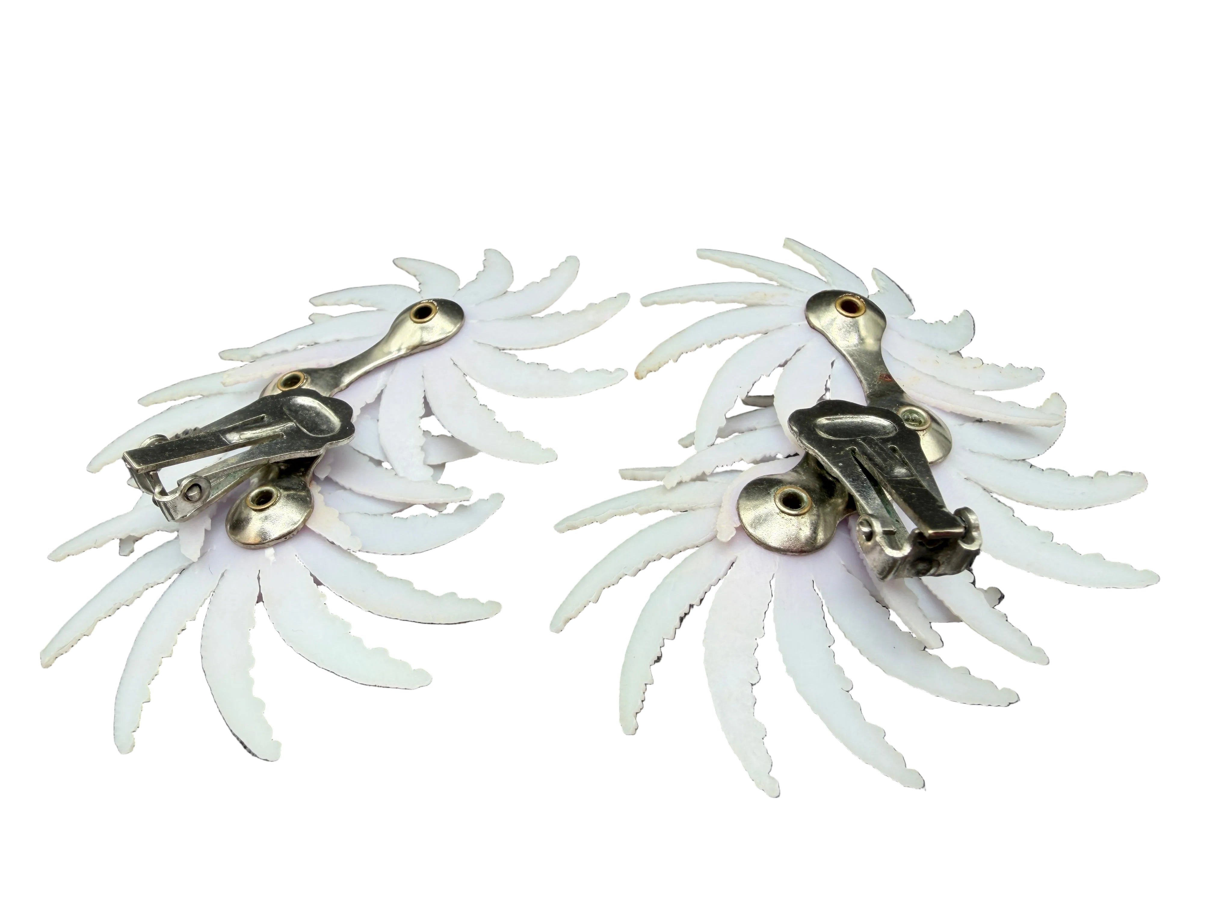 1950s Lavender Plastic Triple Floral Ear Climber Clip Earrings with Rhinestones