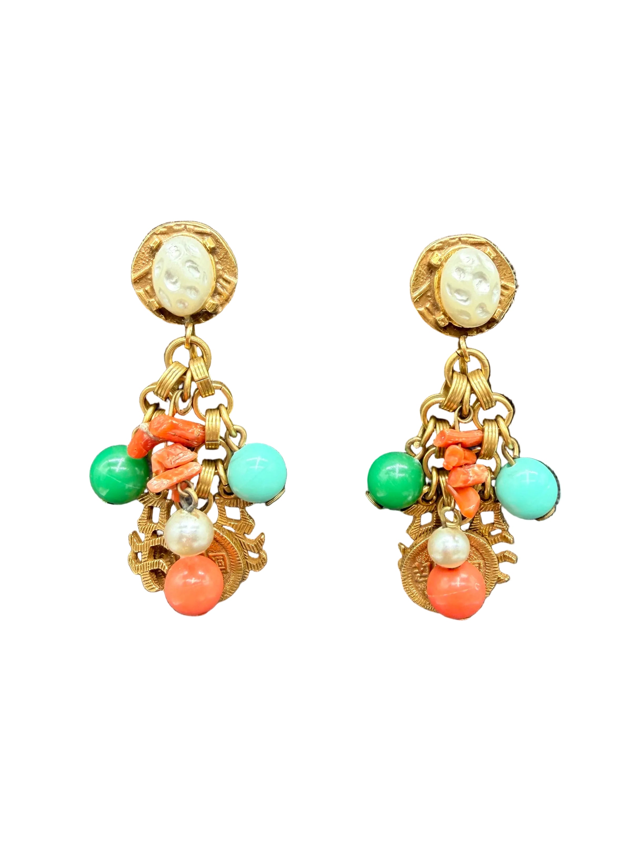 1960s Asian-Inspired Dangle Earrings with Faux Pearl, Coral & Charms