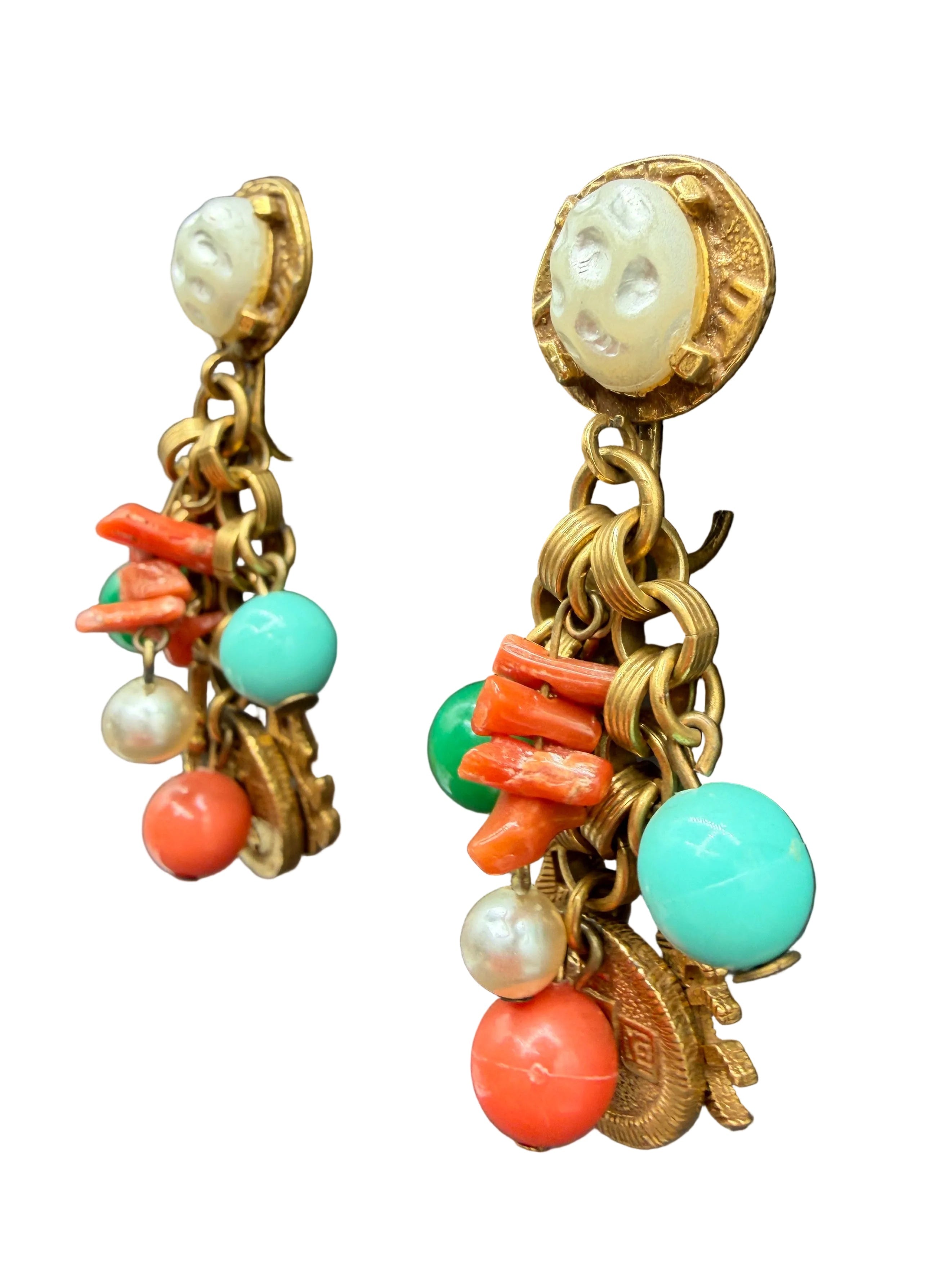 1960s Asian-Inspired Dangle Earrings with Faux Pearl, Coral & Charms