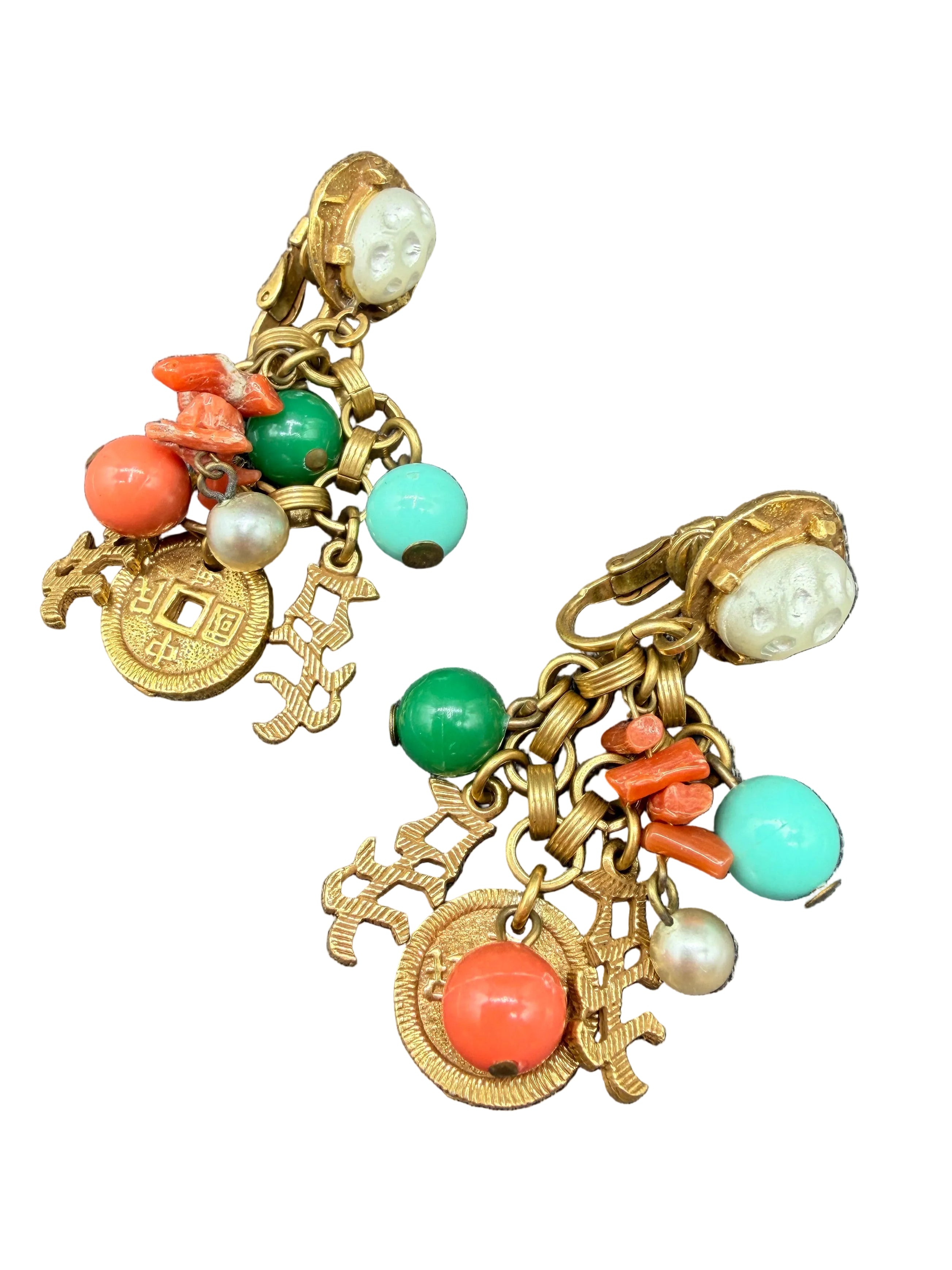 1960s Asian-Inspired Dangle Earrings with Faux Pearl, Coral & Charms