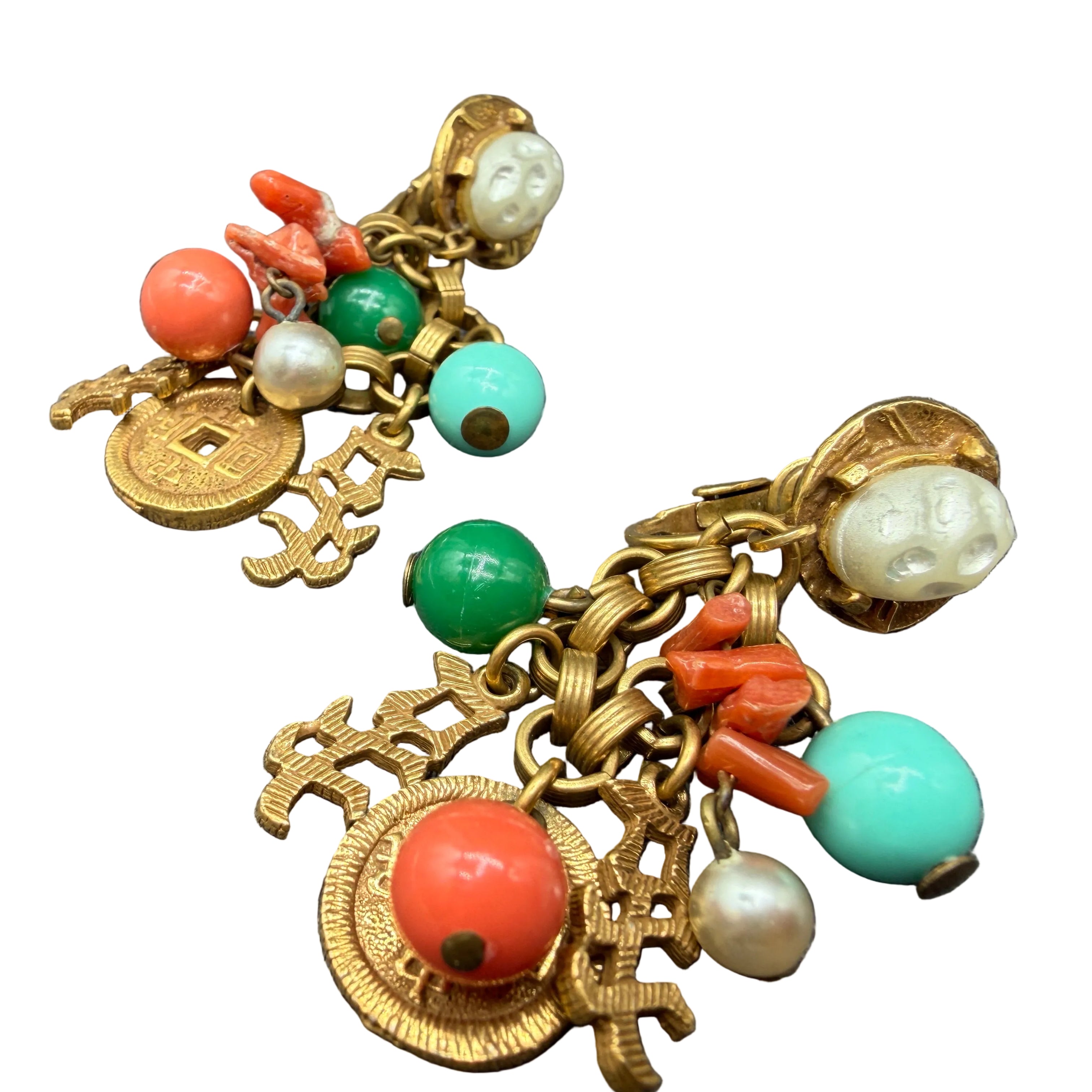 1960s Asian-Inspired Dangle Earrings with Faux Pearl, Coral & Charms