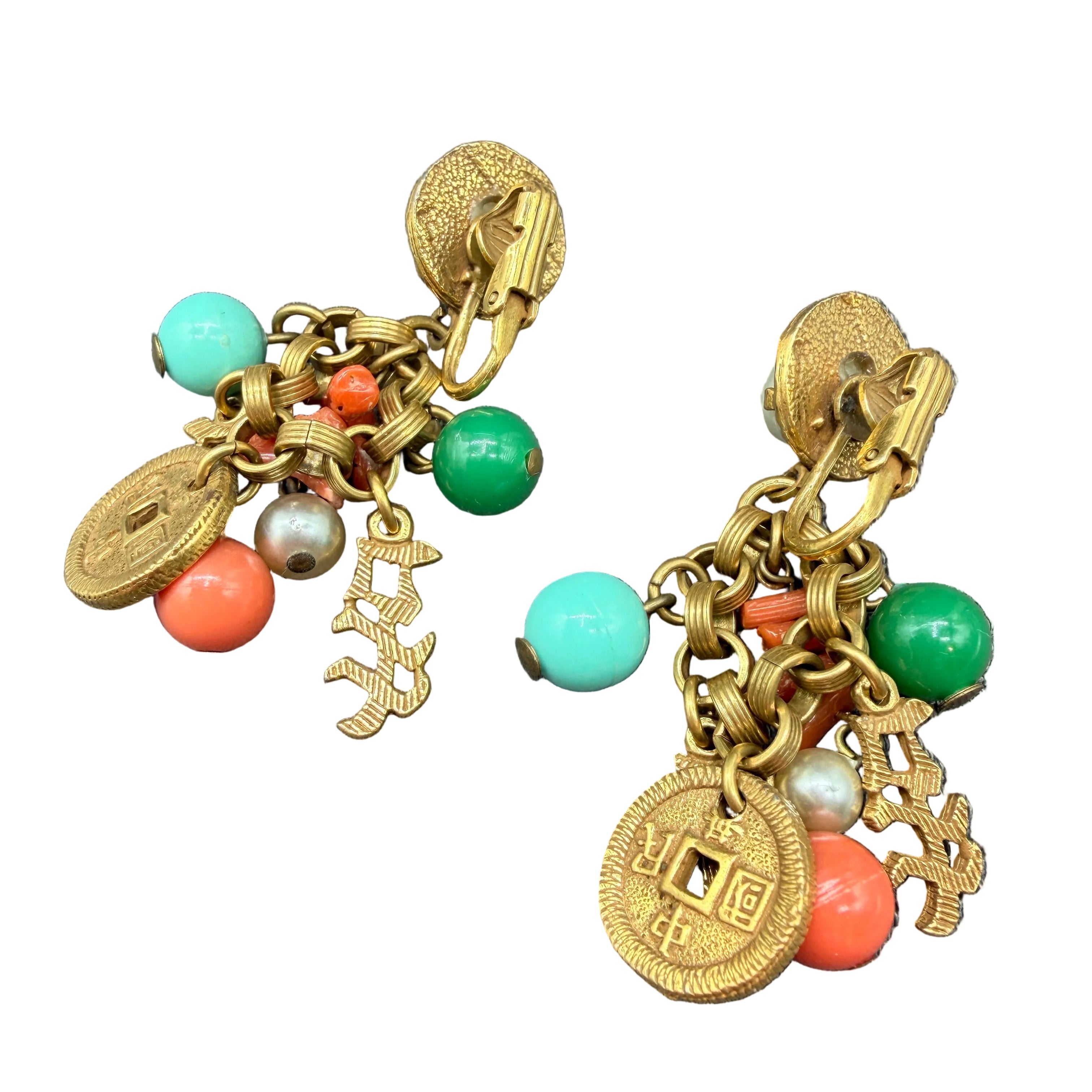 1960s Asian-Inspired Dangle Earrings with Faux Pearl, Coral & Charms