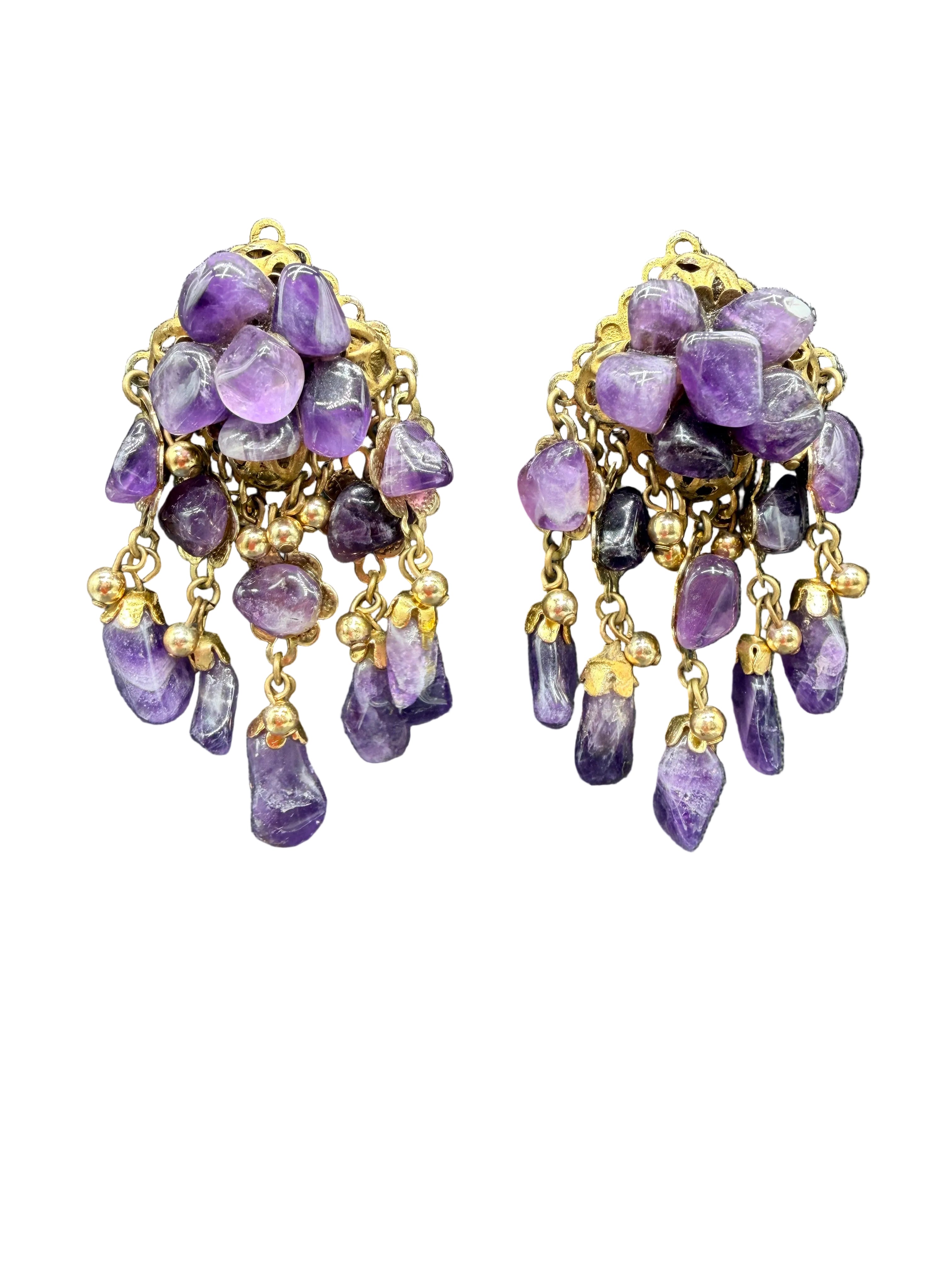 1980s Statement Gold-Tone Amethyst Rock Cluster & Dangle Earrings