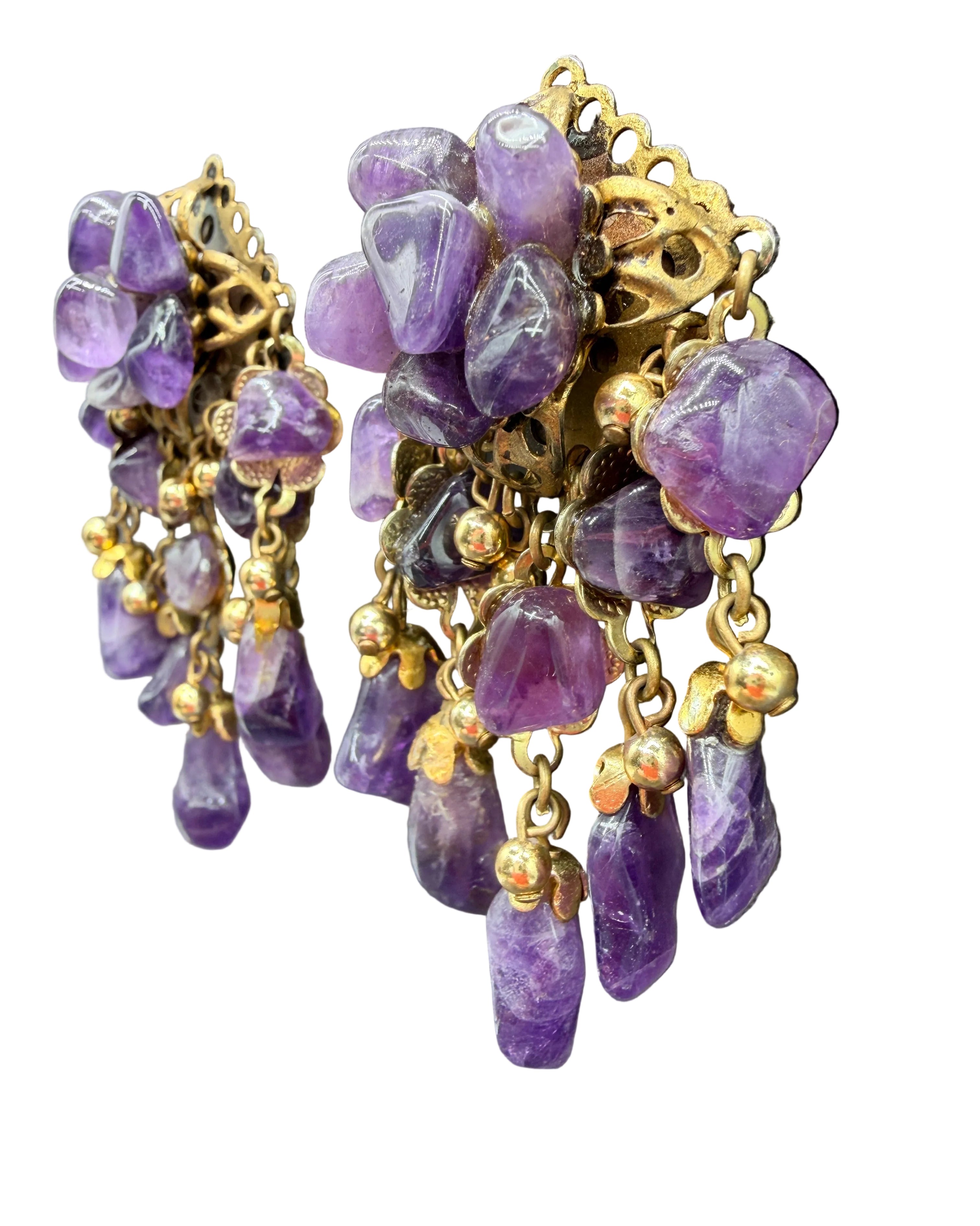 1980s Statement Gold-Tone Amethyst Rock Cluster & Dangle Earrings