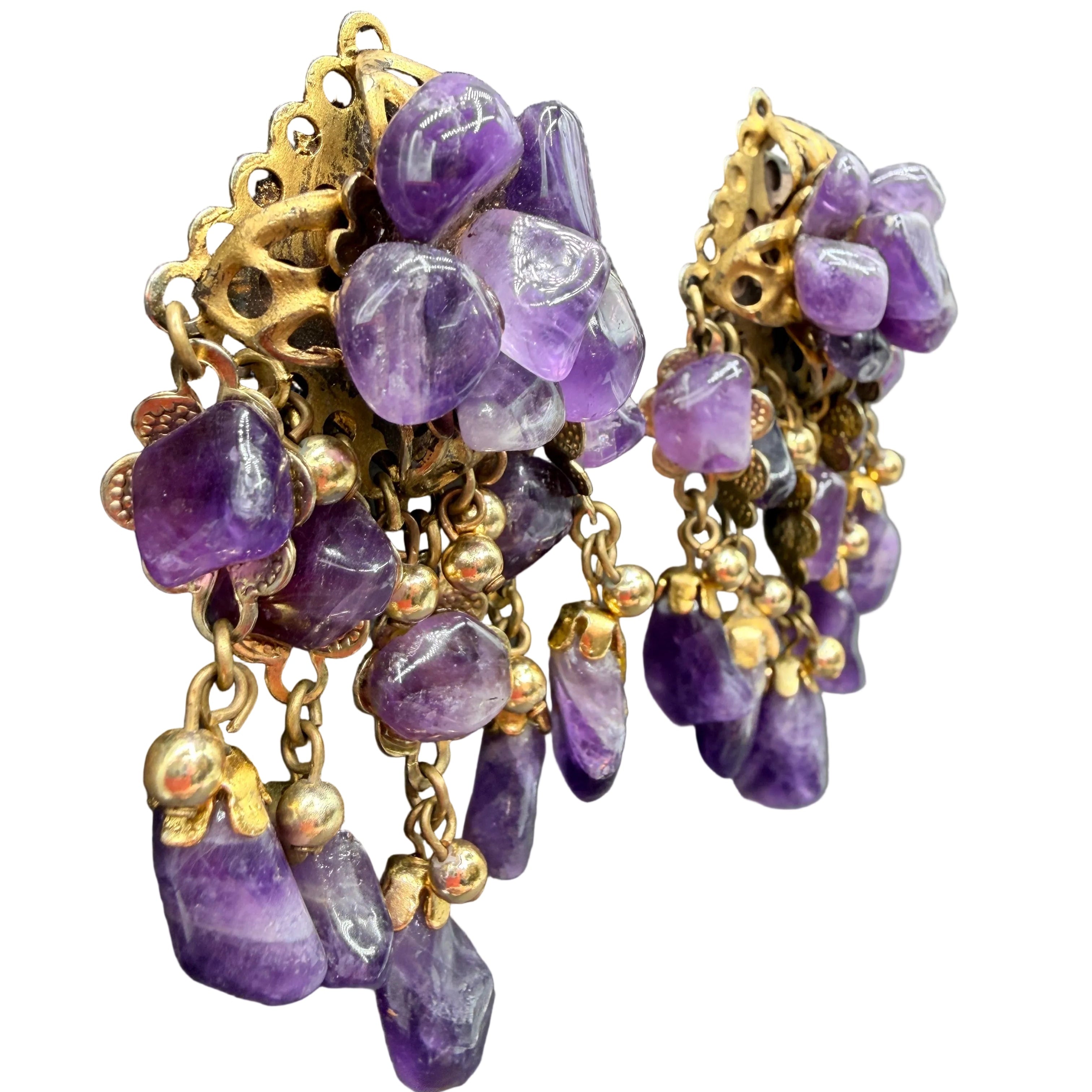 1980s Statement Gold-Tone Amethyst Rock Cluster & Dangle Earrings