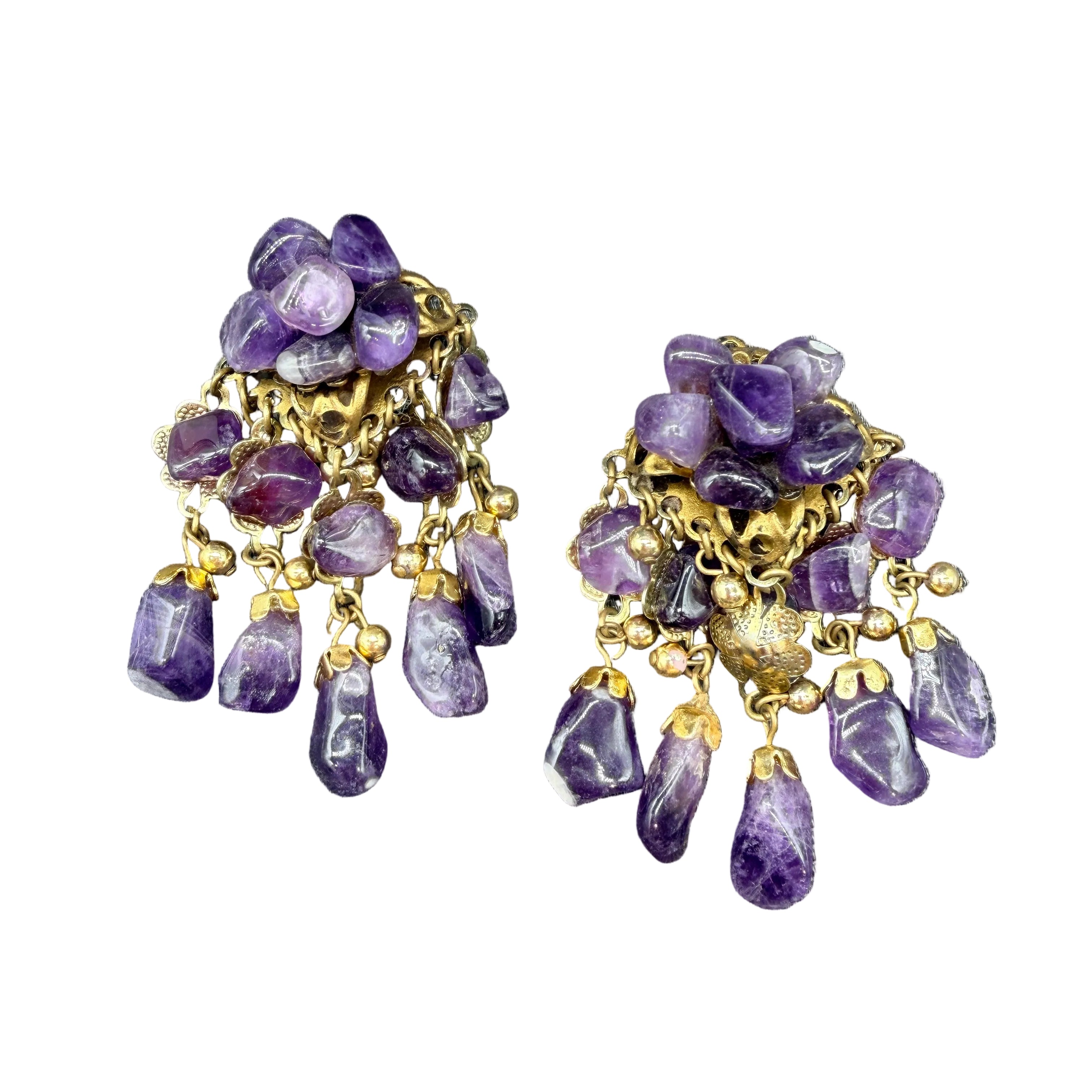 1980s Statement Gold-Tone Amethyst Rock Cluster & Dangle Earrings