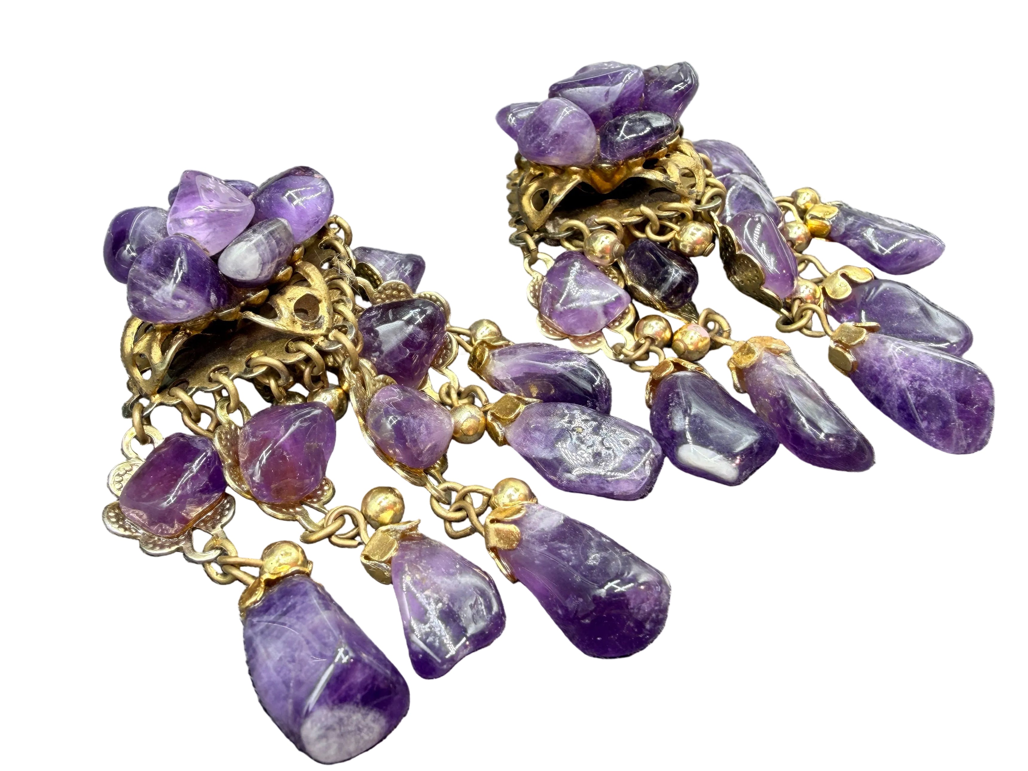 1980s Statement Gold-Tone Amethyst Rock Cluster & Dangle Earrings