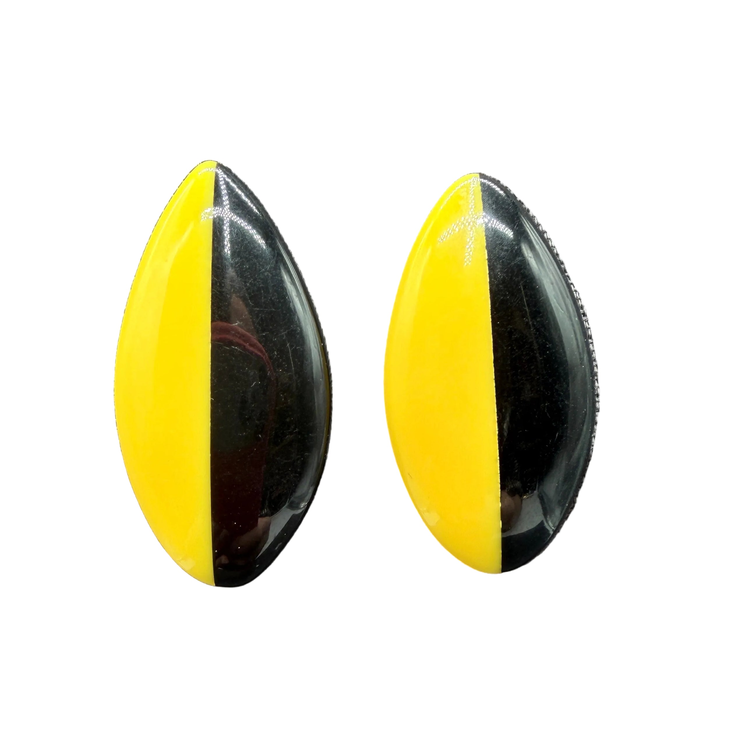 1960s Mod Lucite Oval Clip Earrings in Black & Yellow