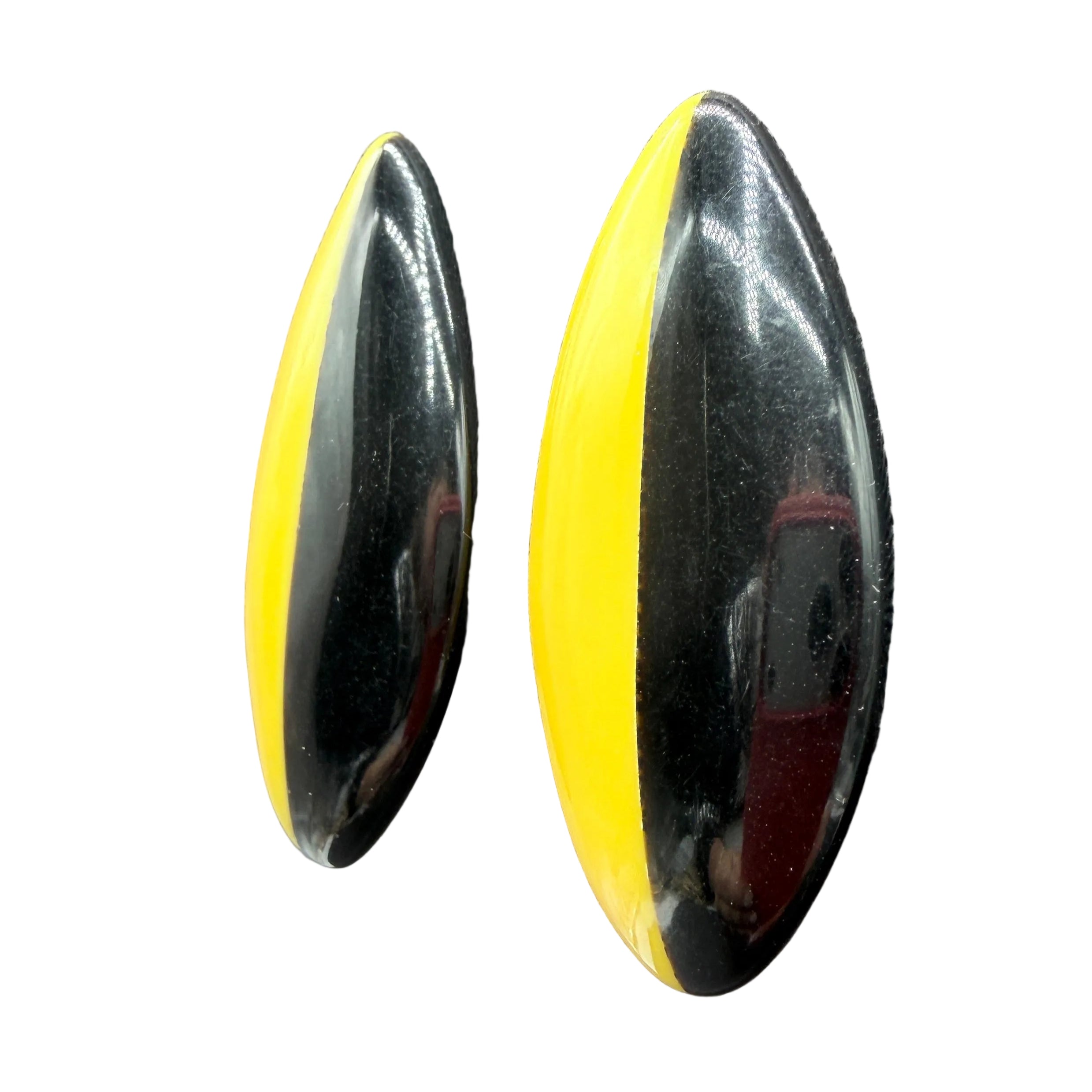 1960s Mod Lucite Oval Clip Earrings in Black & Yellow