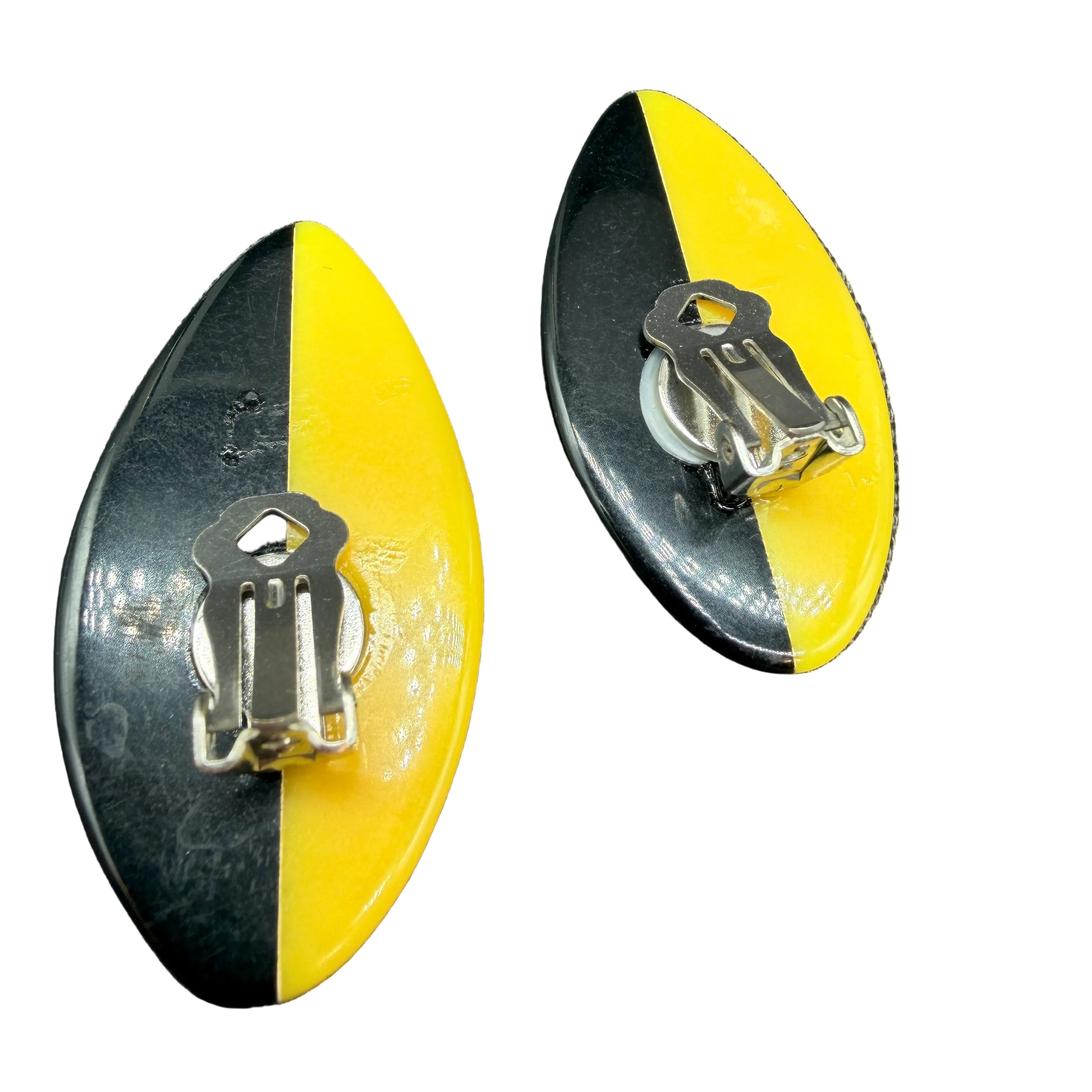 1960s Mod Lucite Oval Clip Earrings in Black & Yellow