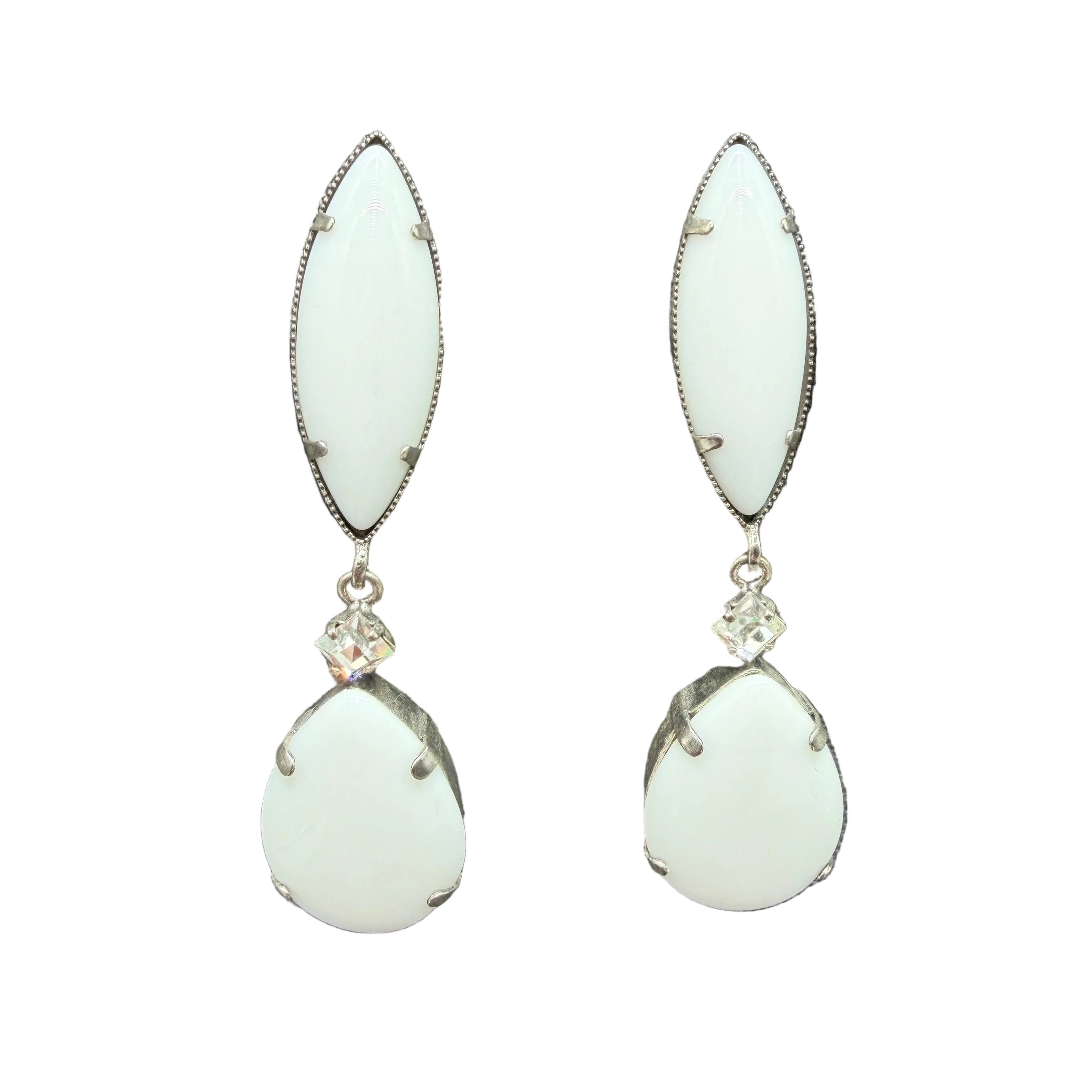 1990s Frangos White Milk Glass Marquise Stud Earrings with Teardrop Drops
