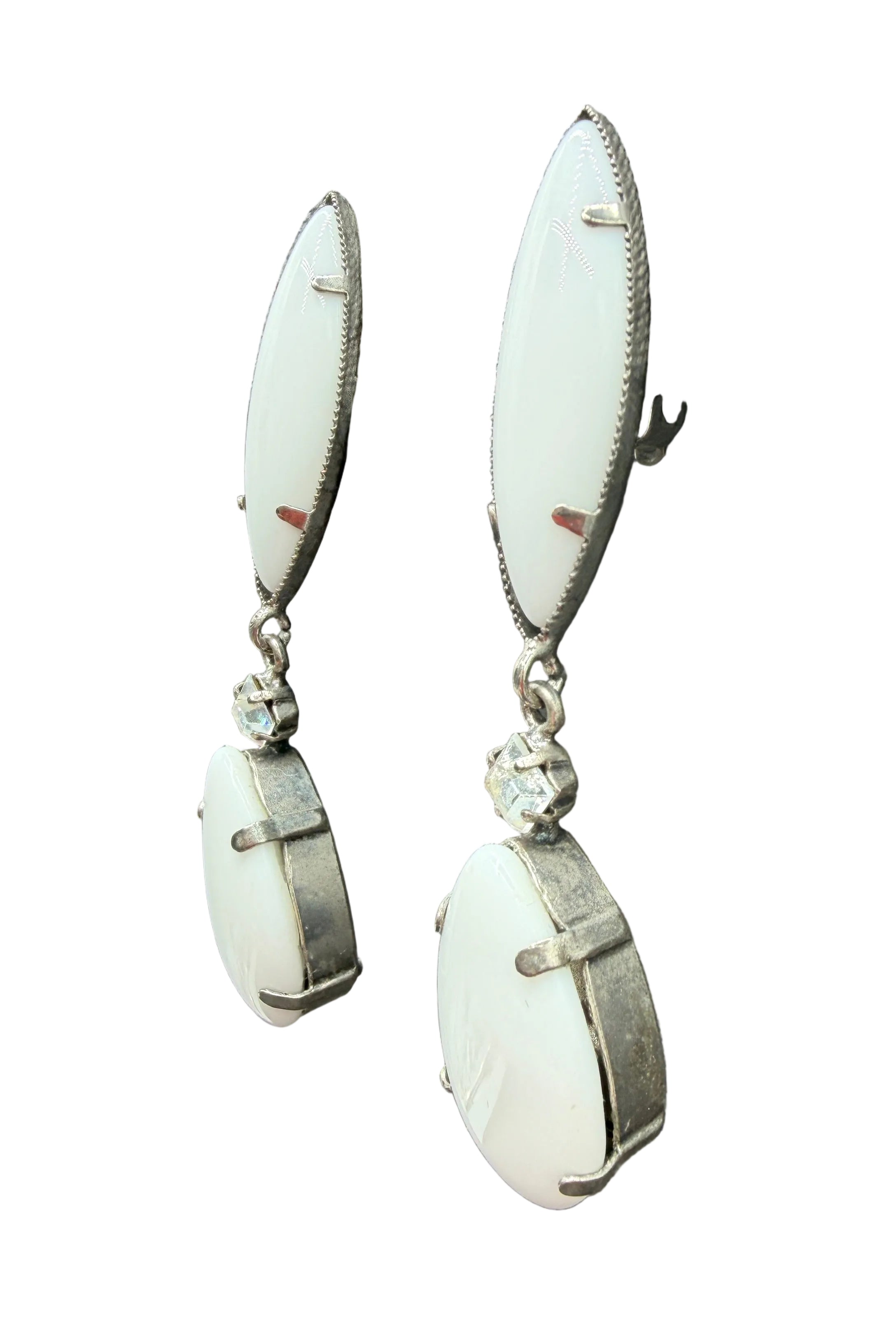 1990s Frangos White Milk Glass Marquise Stud Earrings with Teardrop Drops