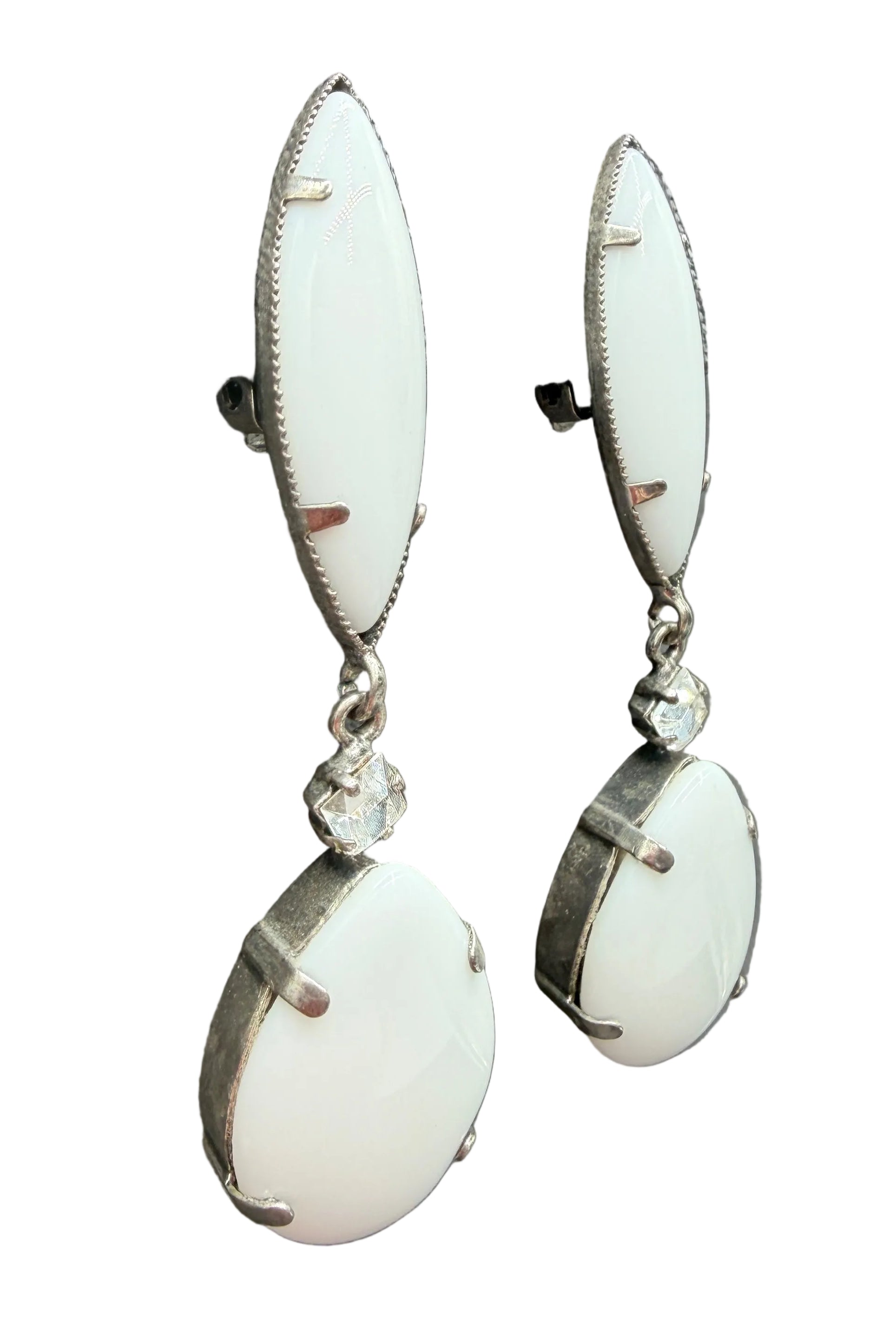 1990s Frangos White Milk Glass Marquise Stud Earrings with Teardrop Drops