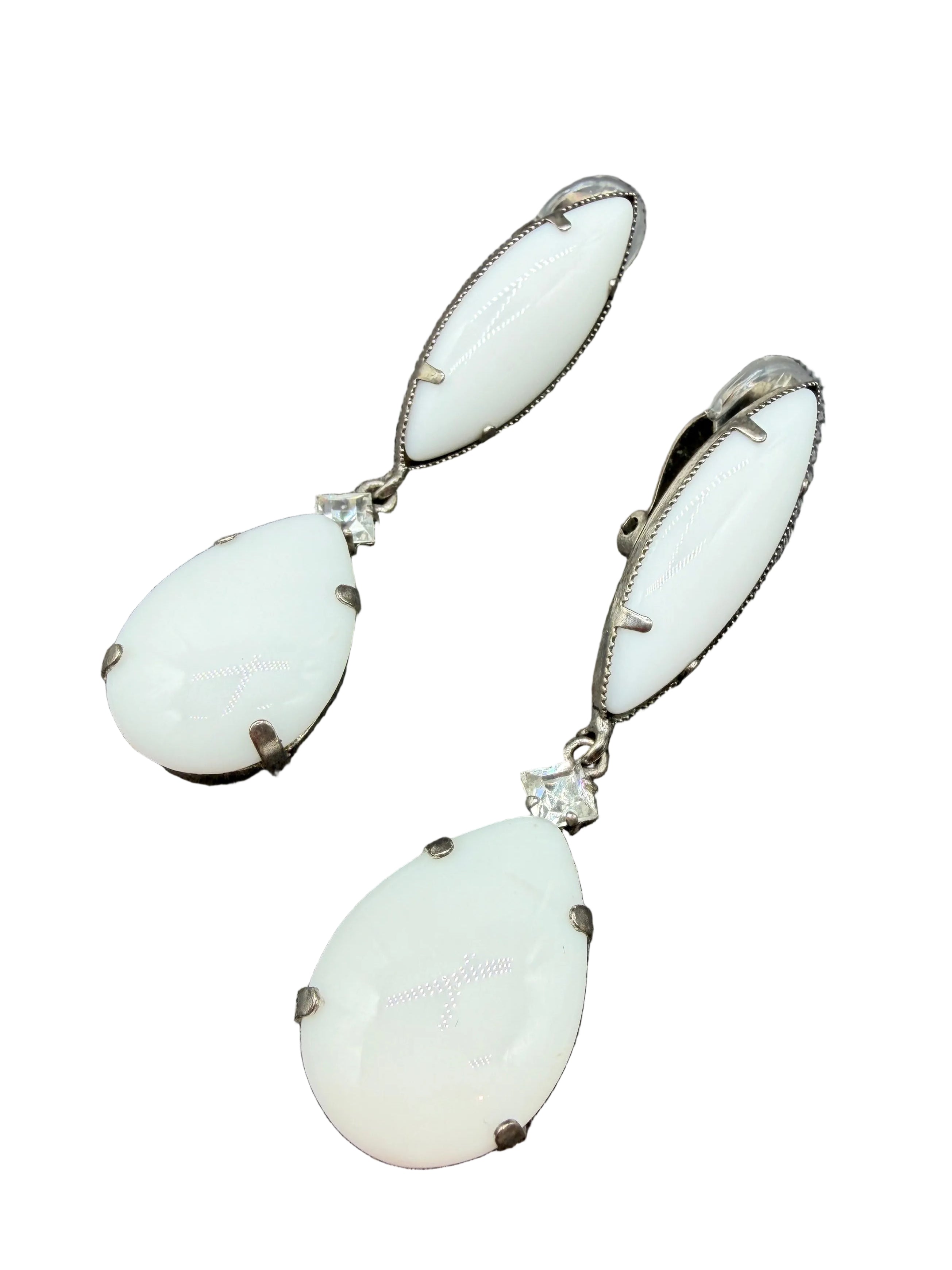 1990s Frangos White Milk Glass Marquise Stud Earrings with Teardrop Drops