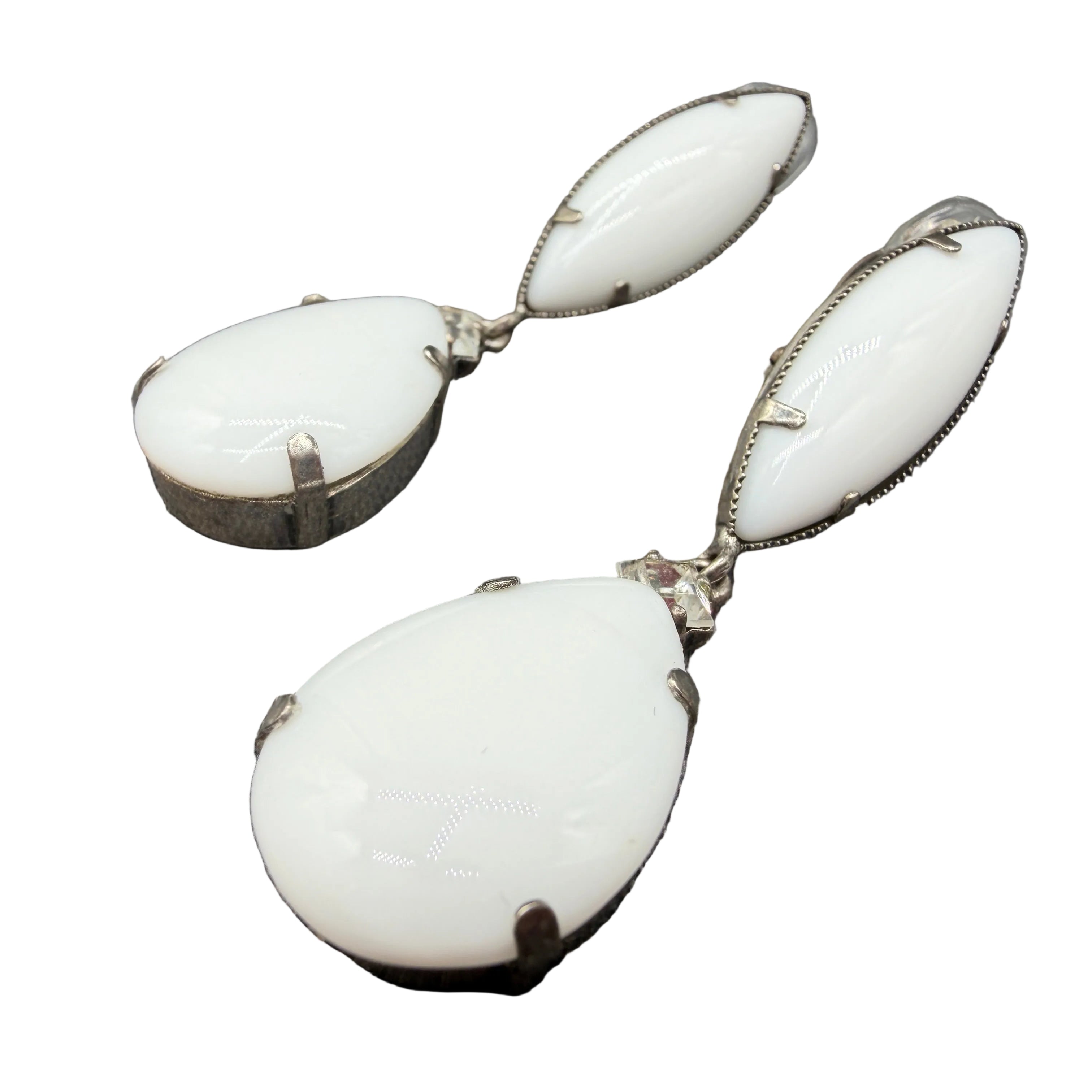 1990s Frangos White Milk Glass Marquise Stud Earrings with Teardrop Drops