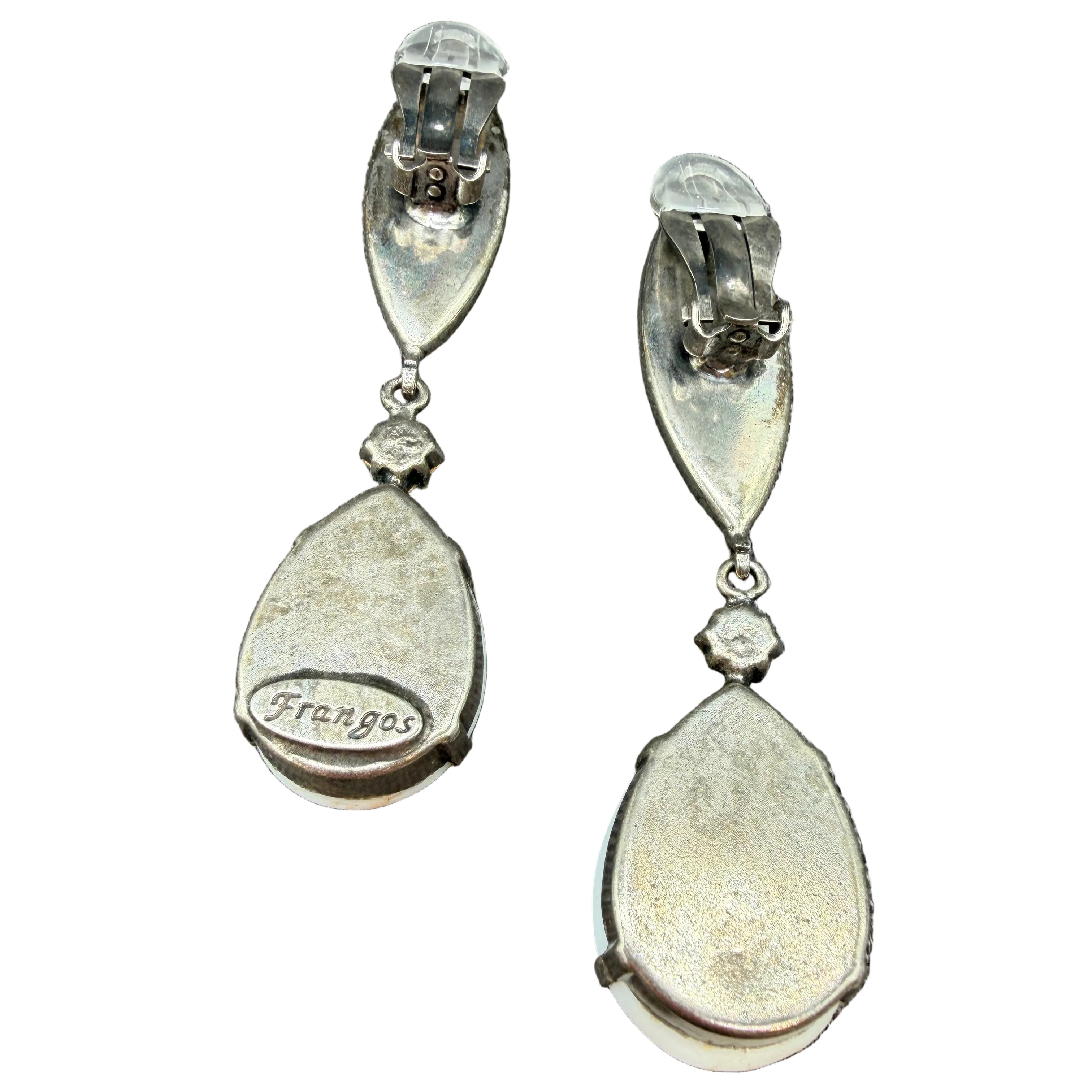 1990s Frangos White Milk Glass Marquise Stud Earrings with Teardrop Drops