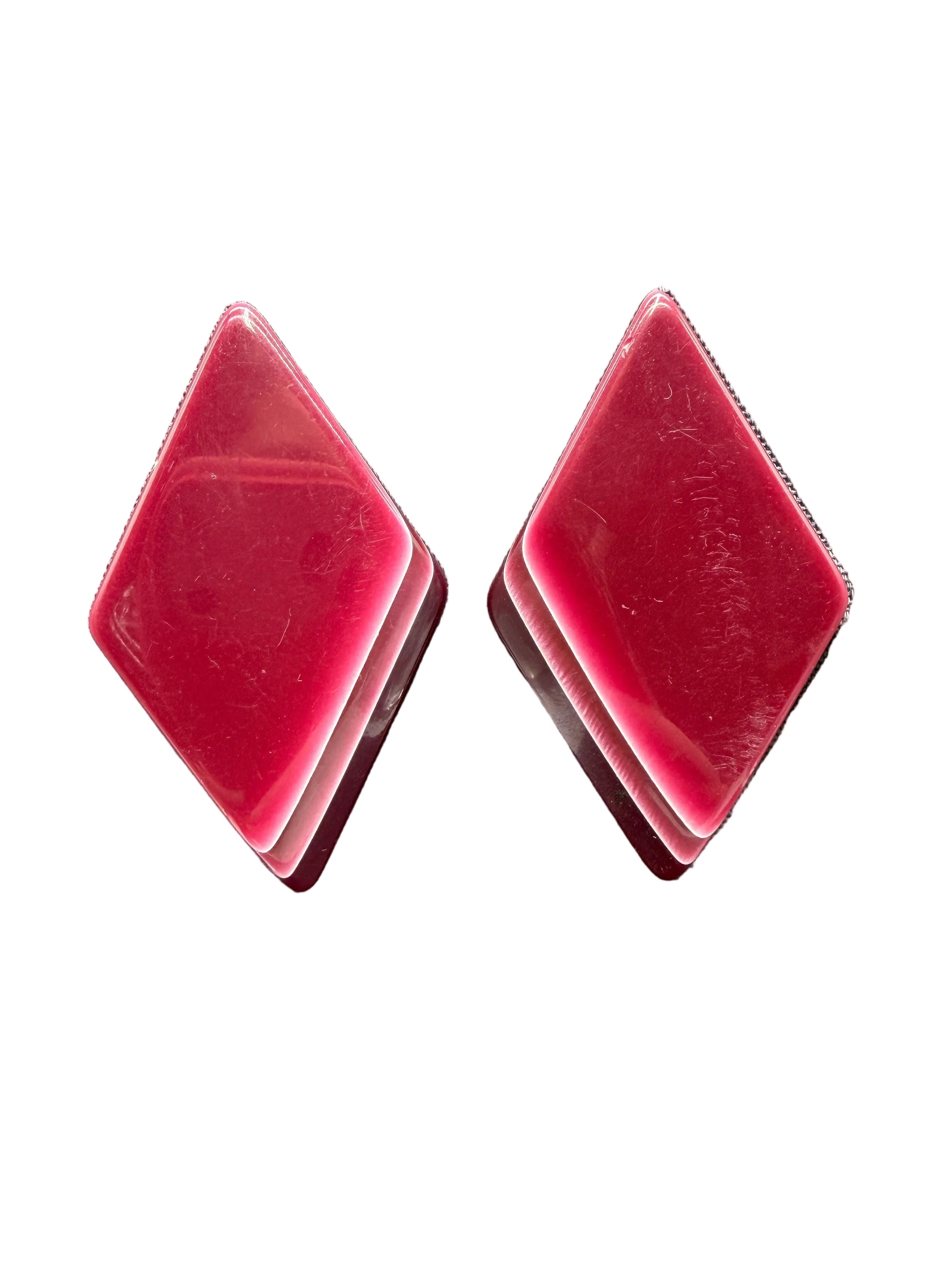 1960s Burgundy Lucite Diamond-Shaped Clip Earrings with Layered Edge