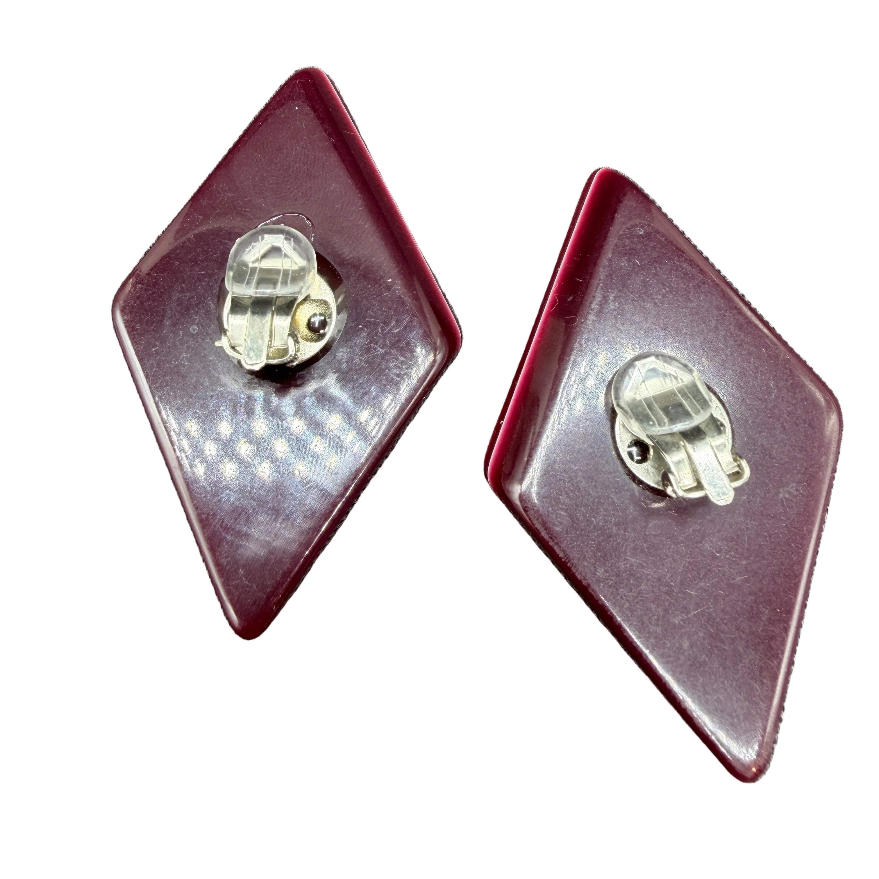 1960s Burgundy Lucite Diamond-Shaped Clip Earrings with Layered Edge