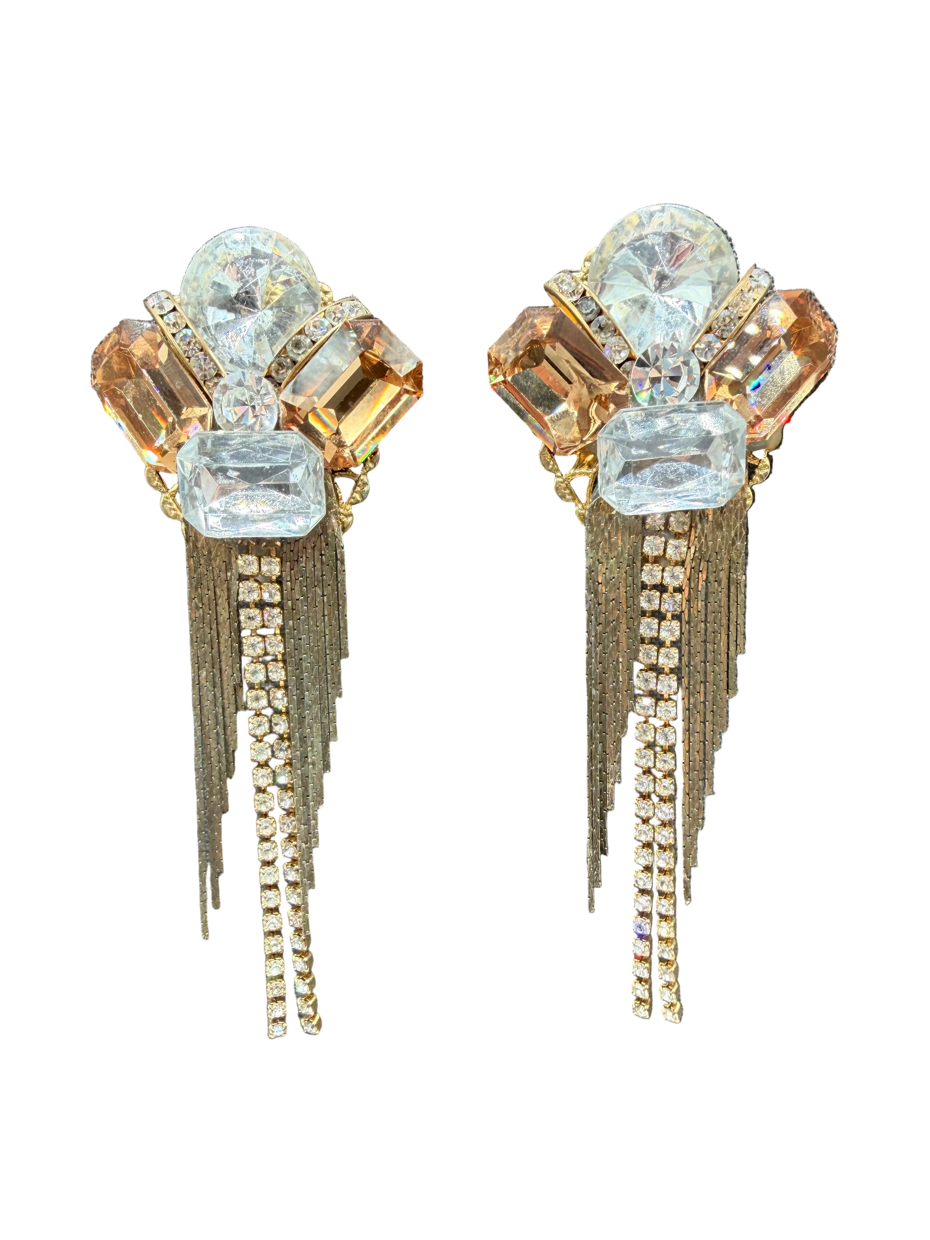 1980s Wendy Gell Rhinestone Cluster Clip Earrings with Chain Fringe