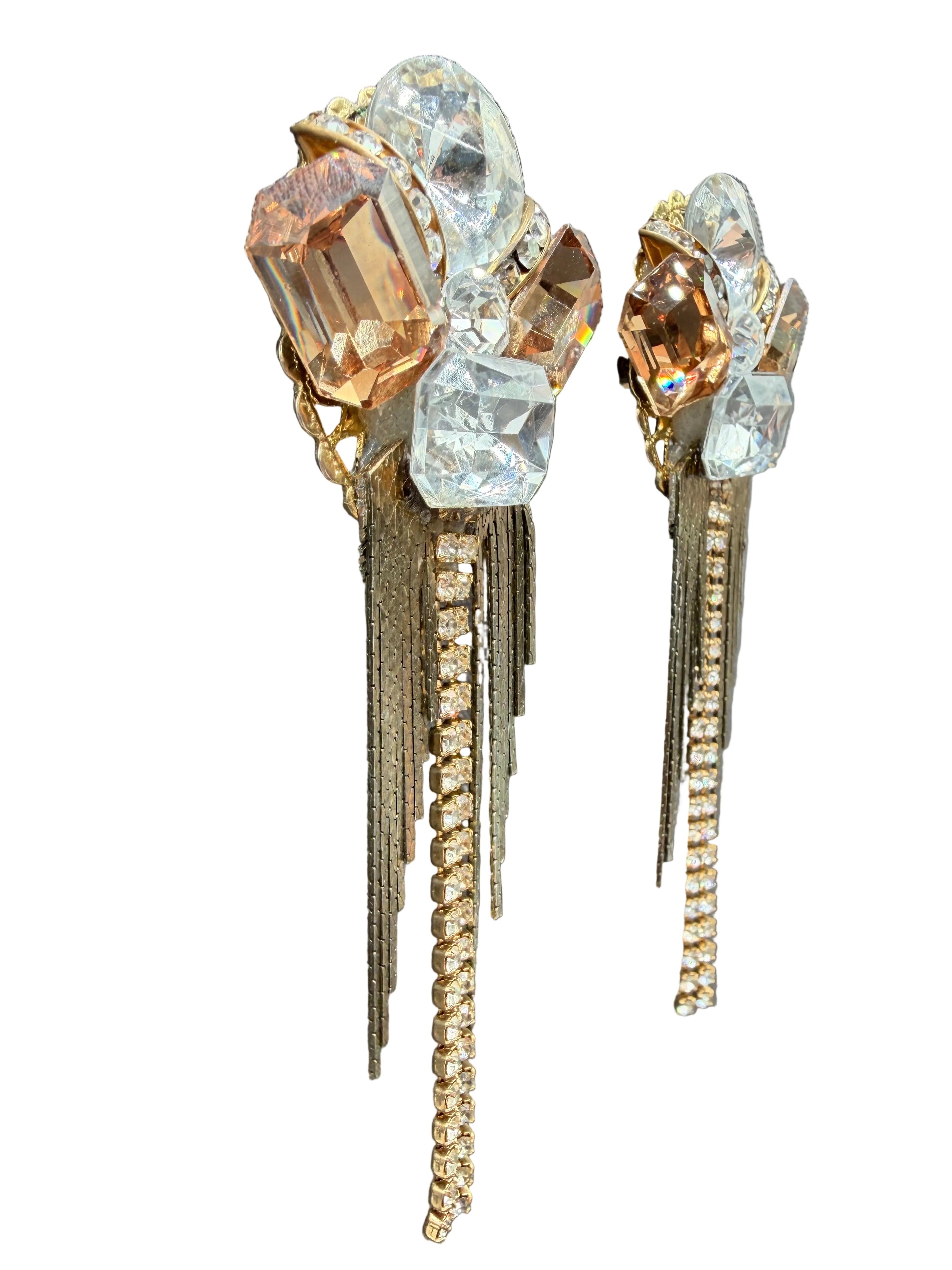 1980s Wendy Gell Rhinestone Cluster Clip Earrings with Chain Fringe