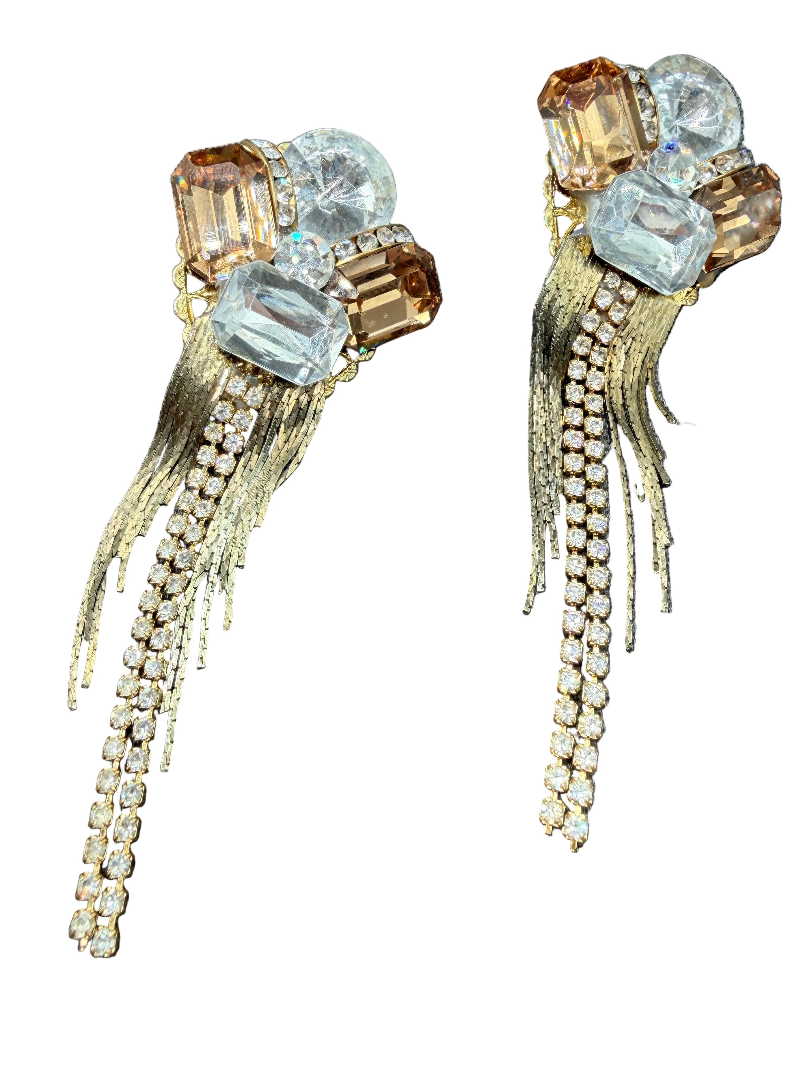 1980s Wendy Gell Rhinestone Cluster Clip Earrings with Chain Fringe