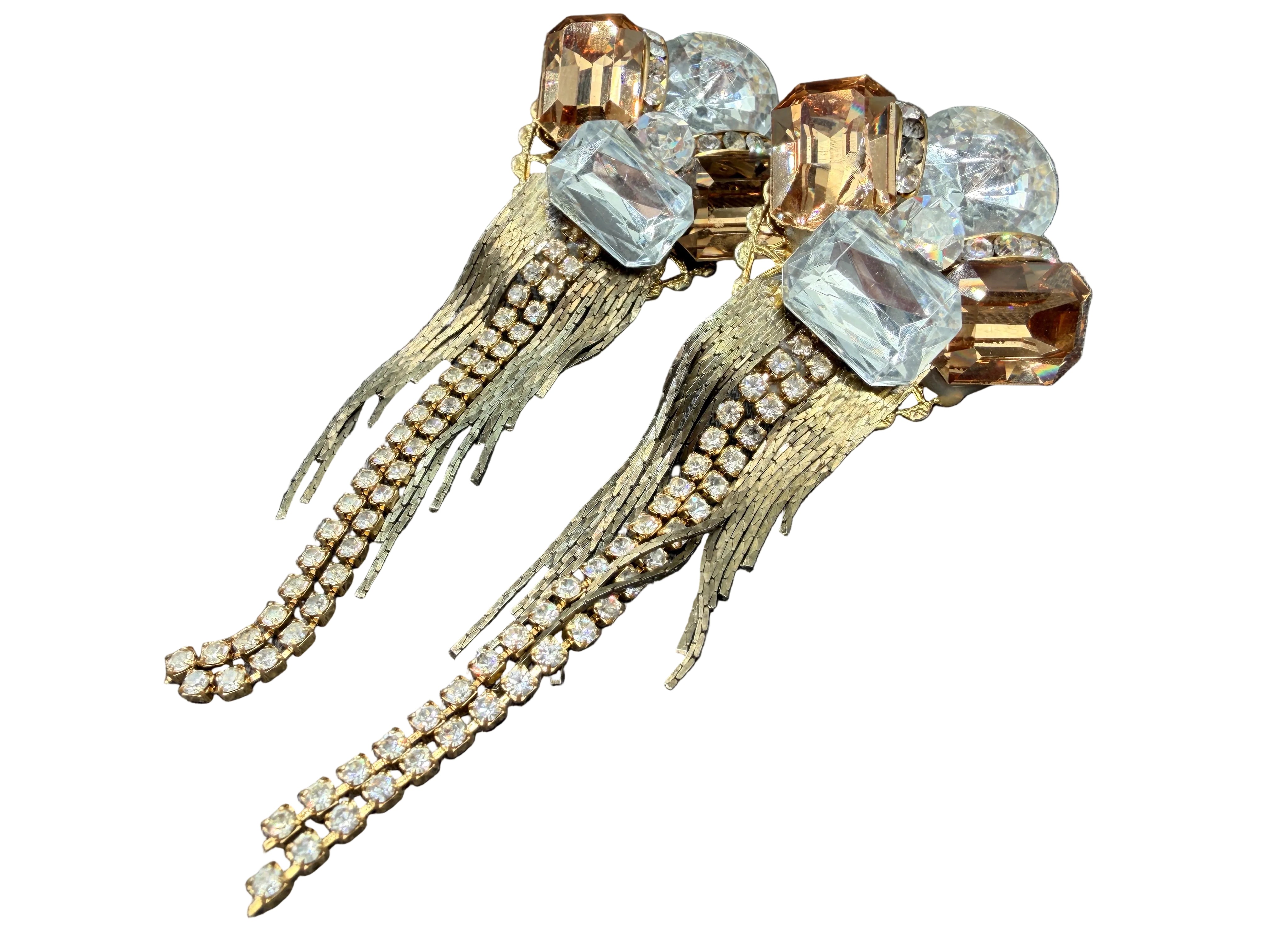 1980s Wendy Gell Rhinestone Cluster Clip Earrings with Chain Fringe