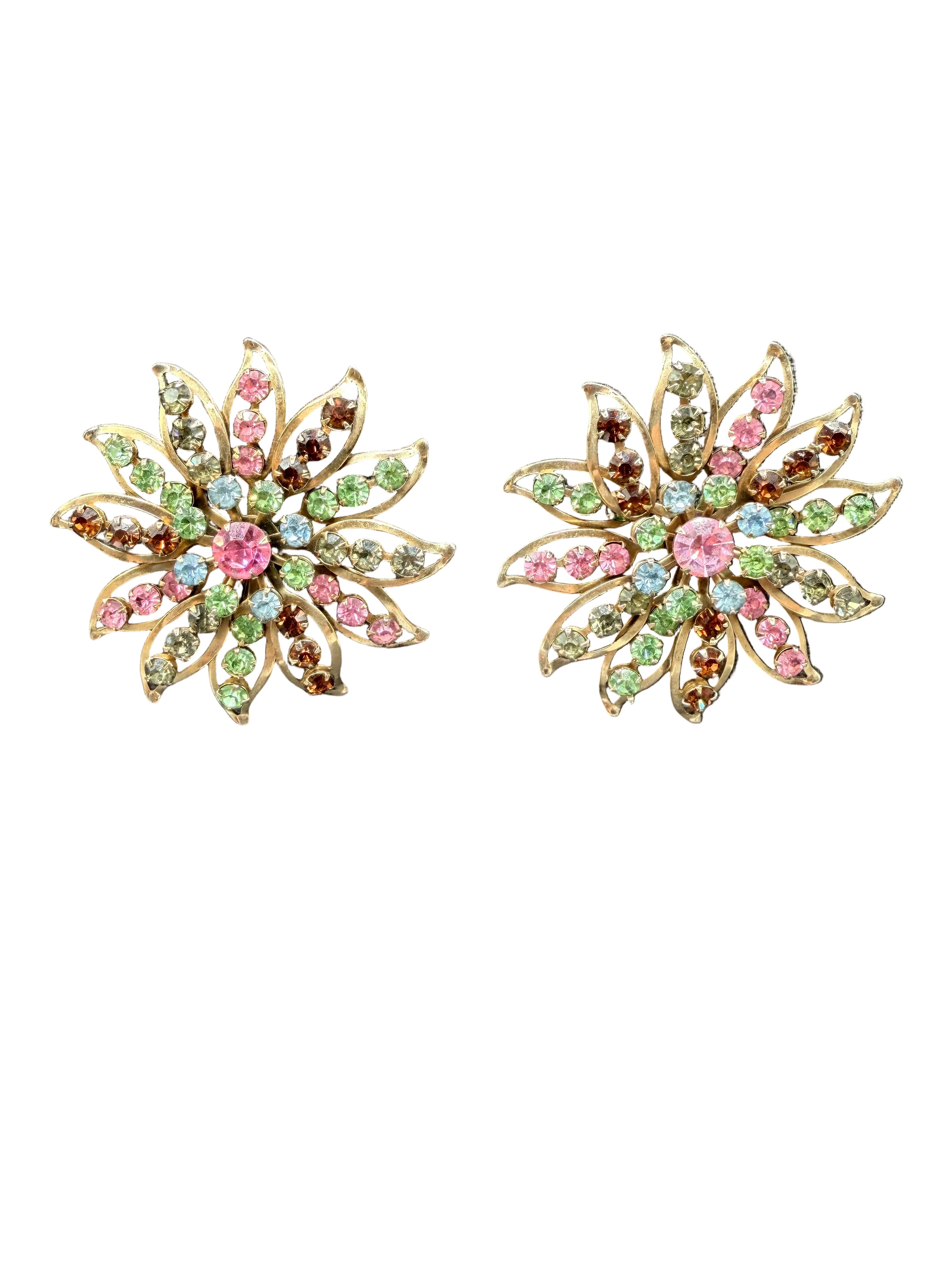 1950s Openwork Starburst Floral Clip Earrings with Multicolor Rhinestones