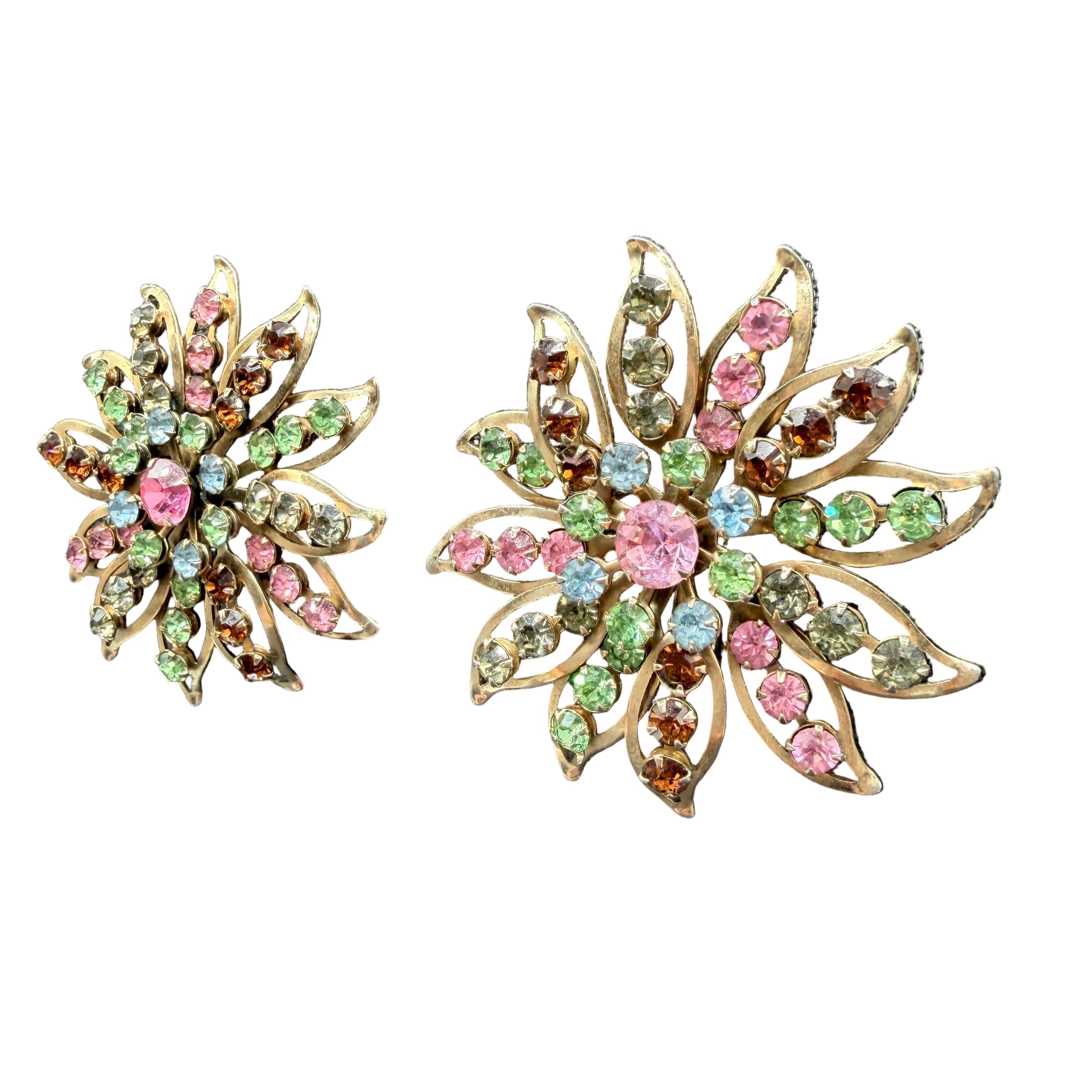 1950s Openwork Starburst Floral Clip Earrings with Multicolor Rhinestones