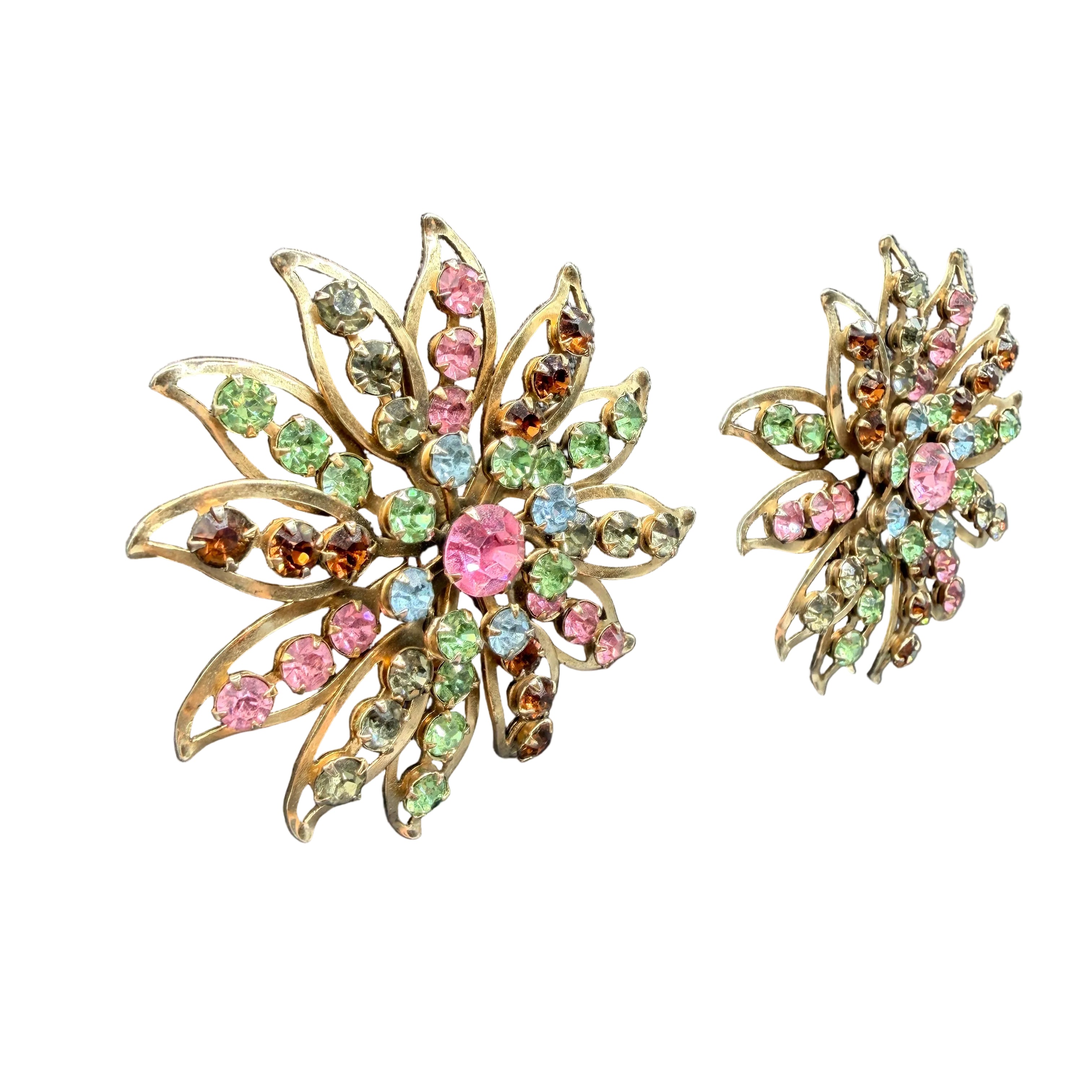 1950s Openwork Starburst Floral Clip Earrings with Multicolor Rhinestones