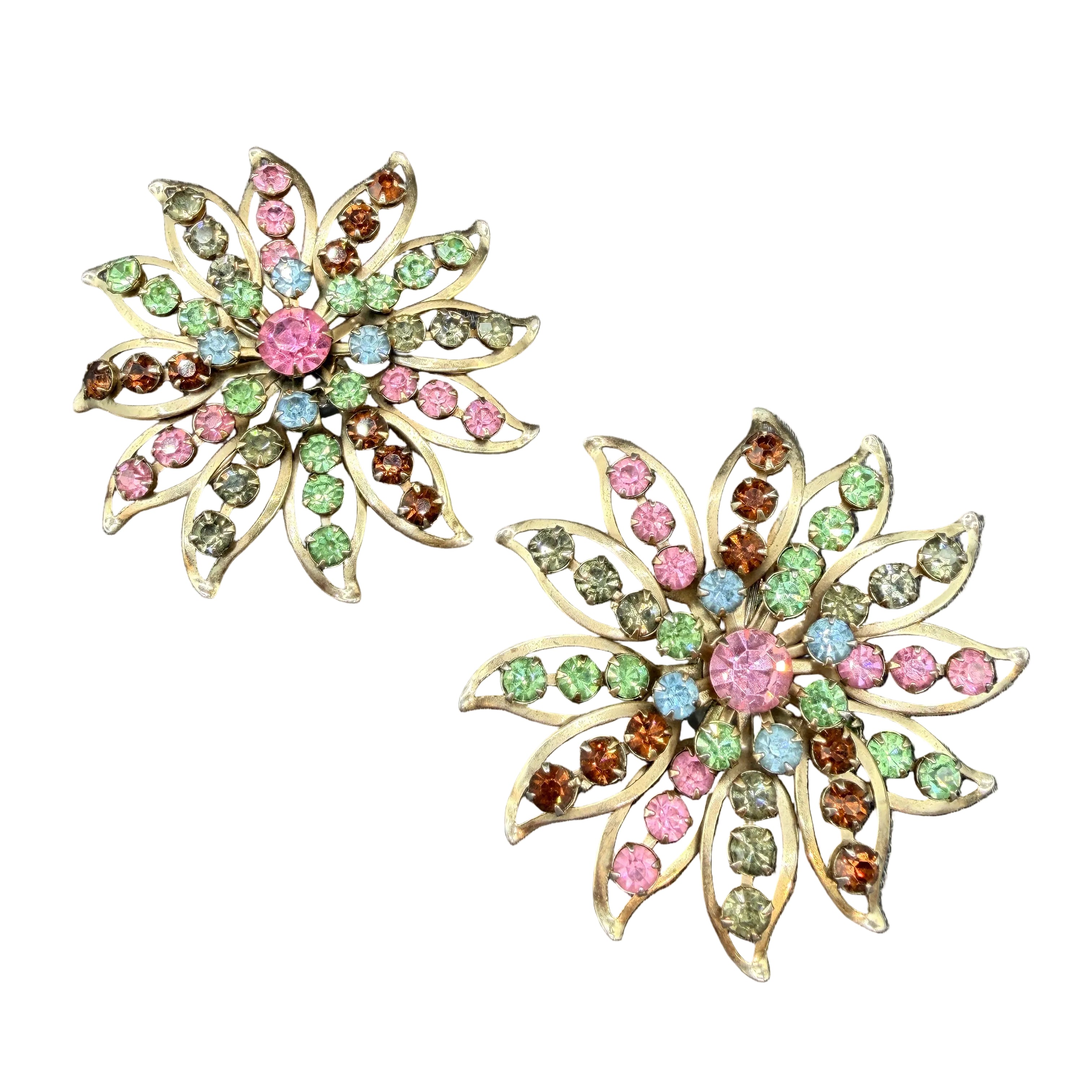 1950s Openwork Starburst Floral Clip Earrings with Multicolor Rhinestones