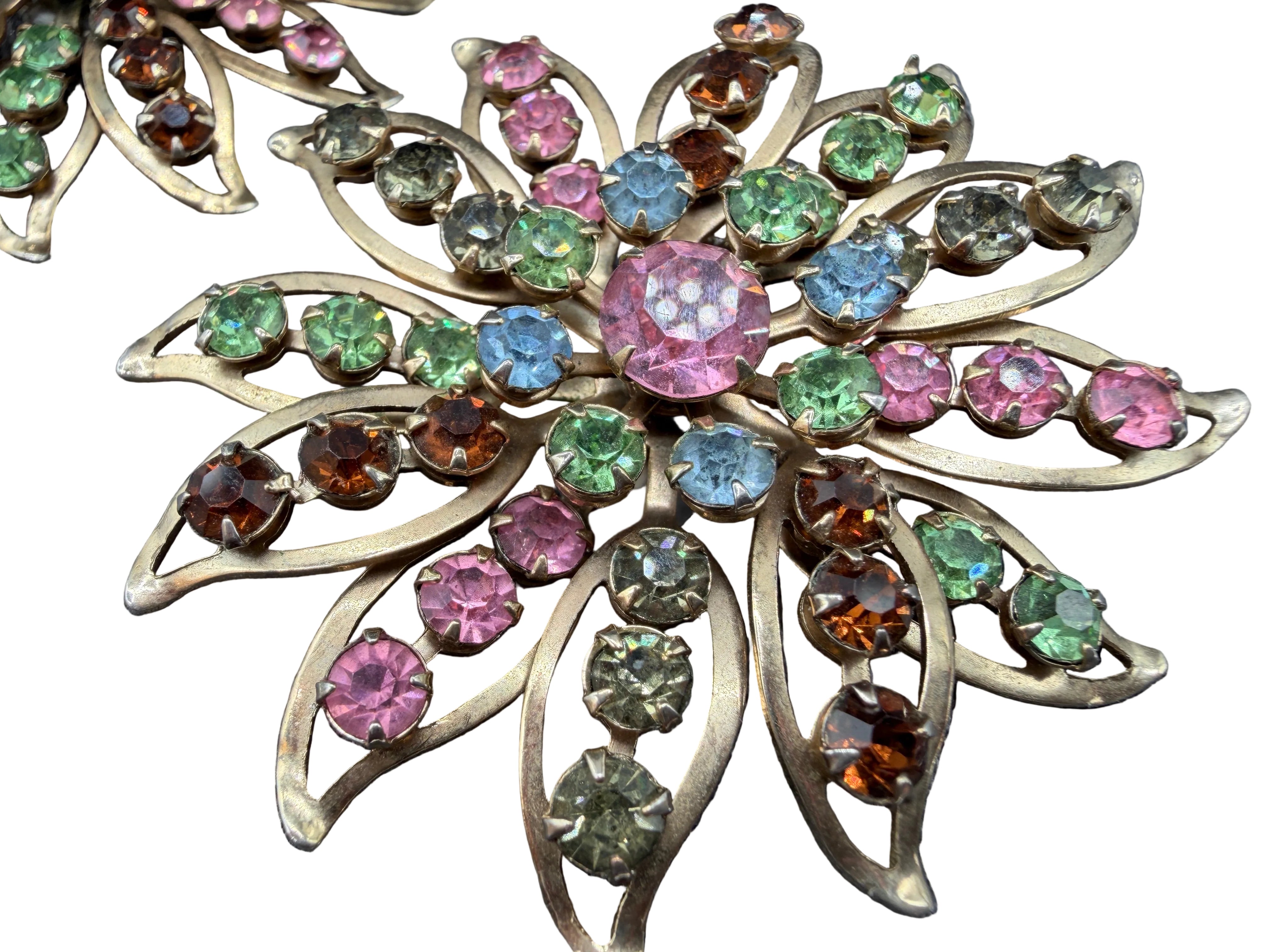 1950s Openwork Starburst Floral Clip Earrings with Multicolor Rhinestones