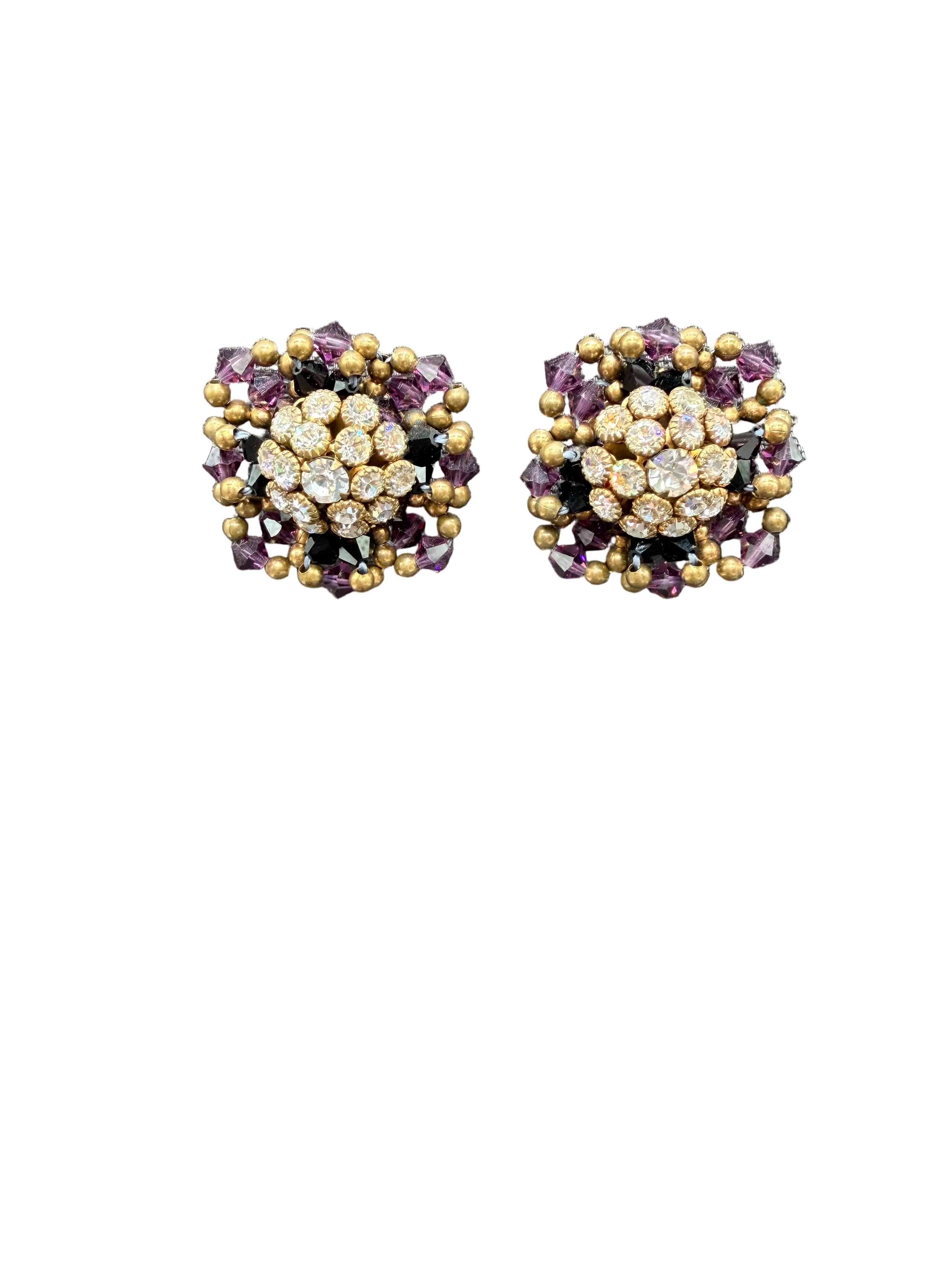 1950s Austrian Crystal & Brass Bead Woven Clip Earrings with Rhinestone Centers
